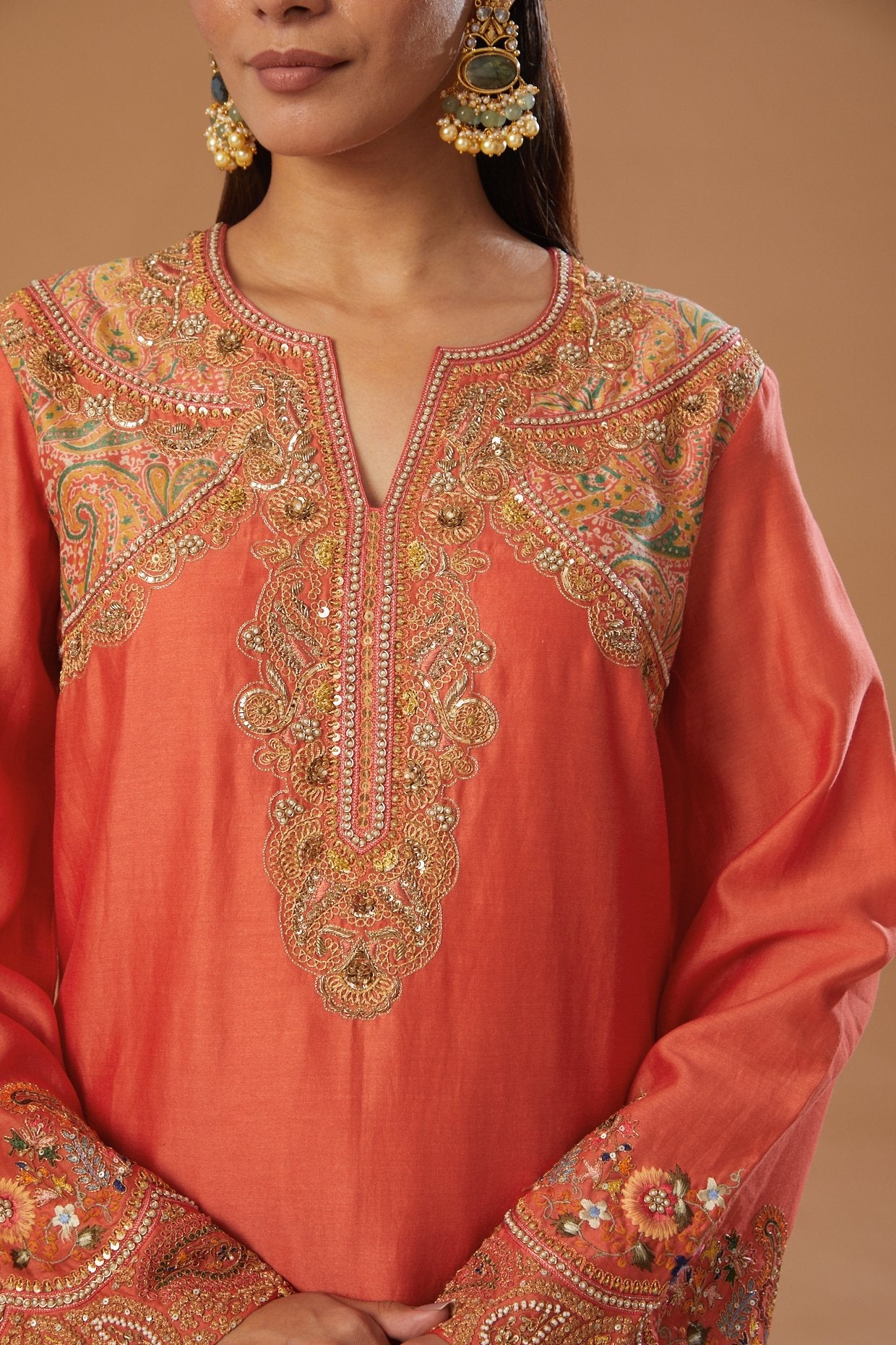 Orange Chanderi Embroidered Kurta Set