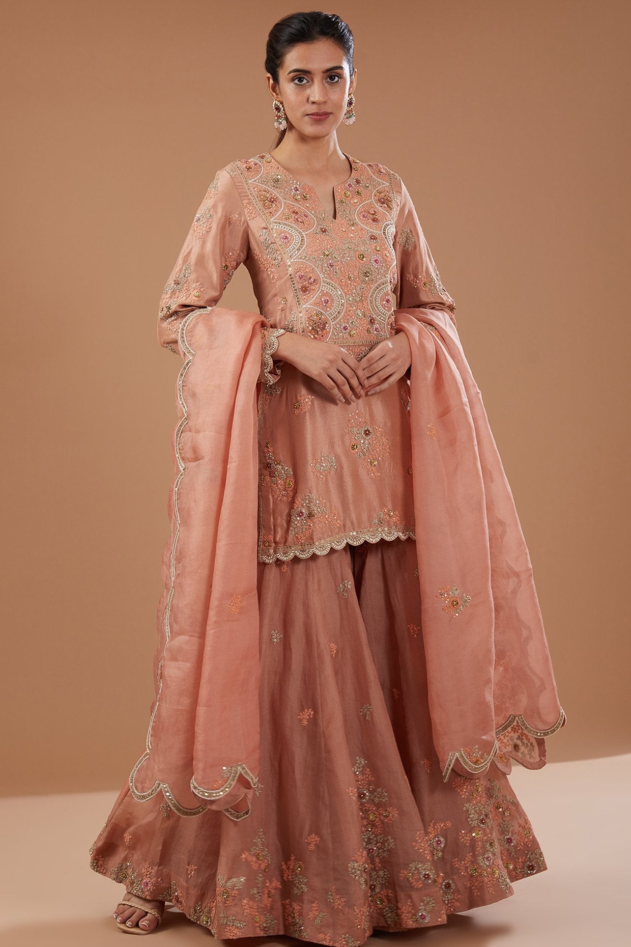Peach Organza Shimmer Dori Embroidered Sharara Set