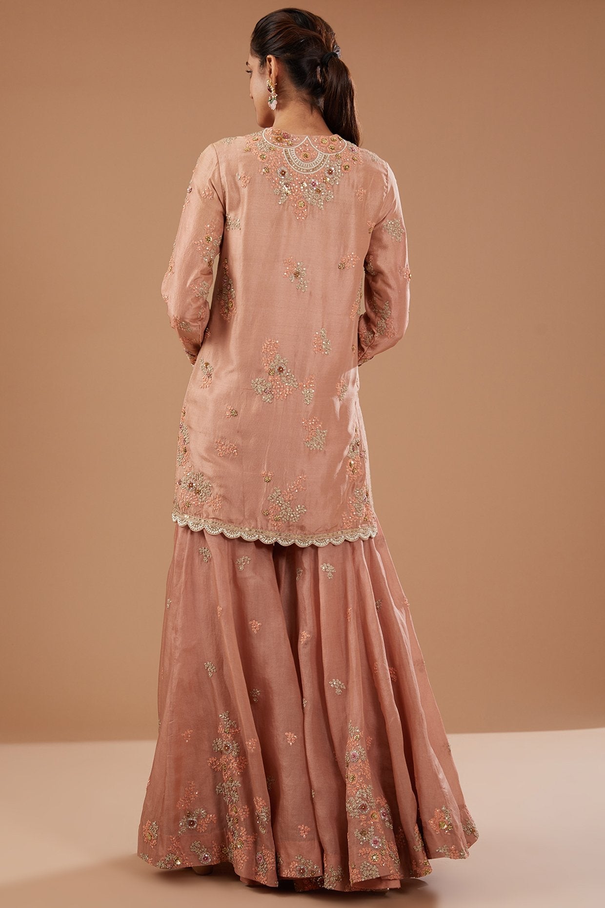 Peach Organza Shimmer Dori Embroidered Sharara Set