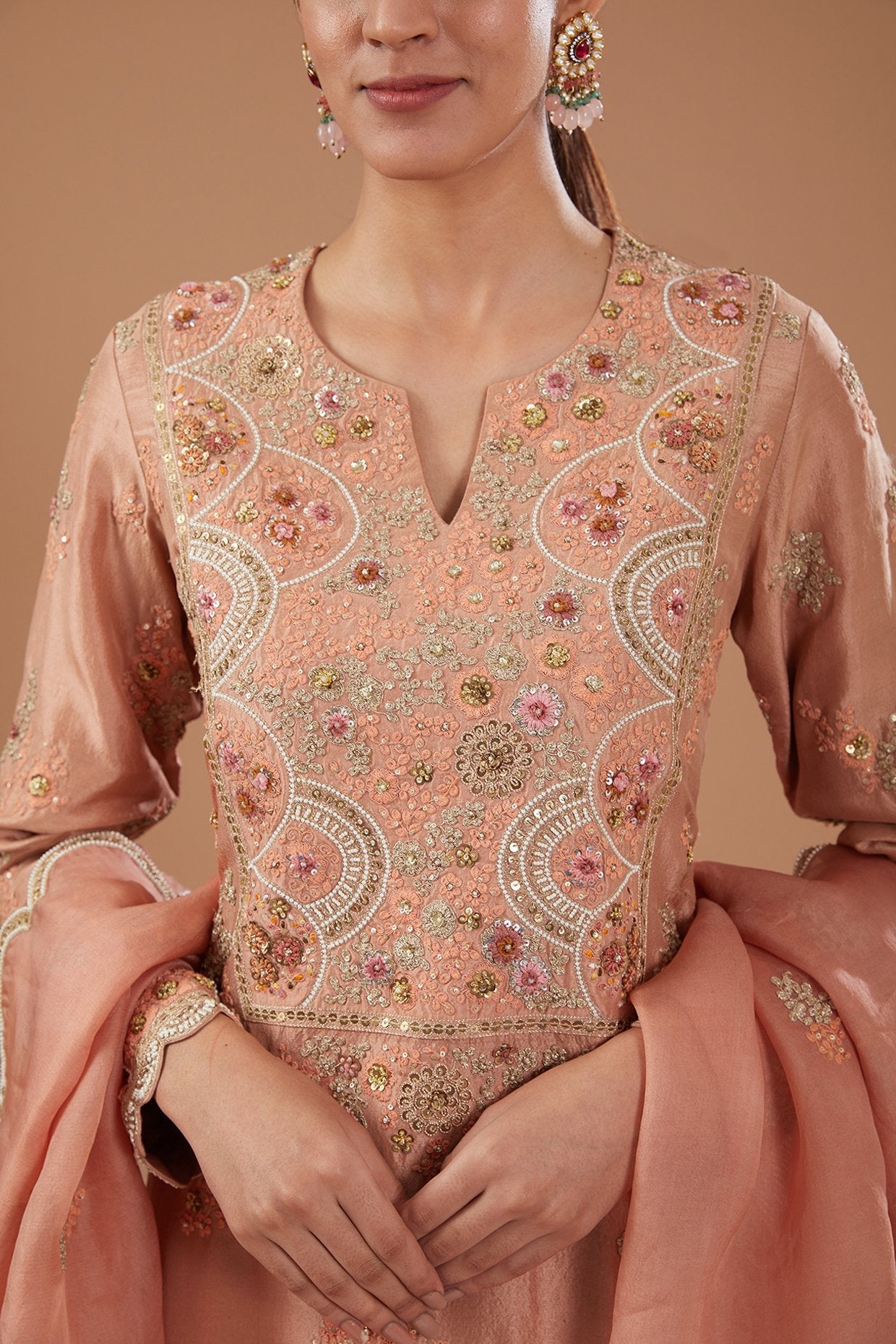 Peach Organza Shimmer Dori Embroidered Sharara Set