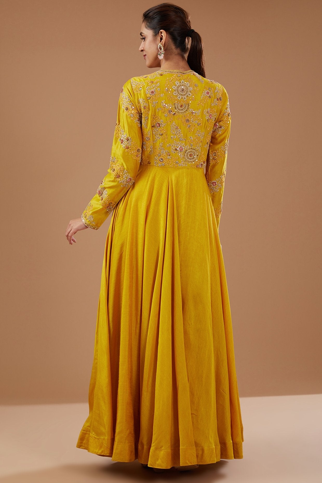 Yellow Bemberg Silk & Chanderi Shimmer Dori Embroidered Asymmetric Anarkali Set