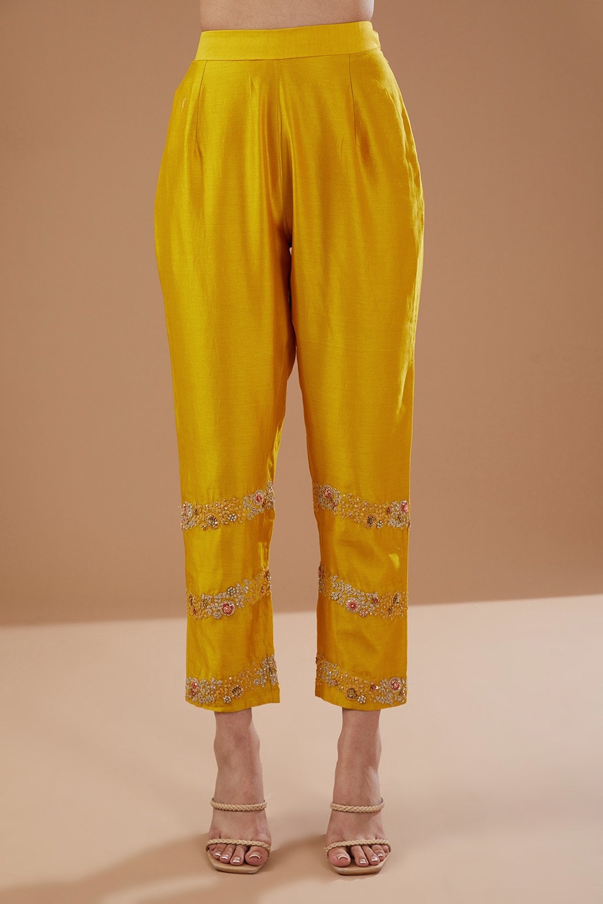 Yellow Bemberg Silk & Chanderi Shimmer Dori Embroidered Asymmetric Anarkali Set