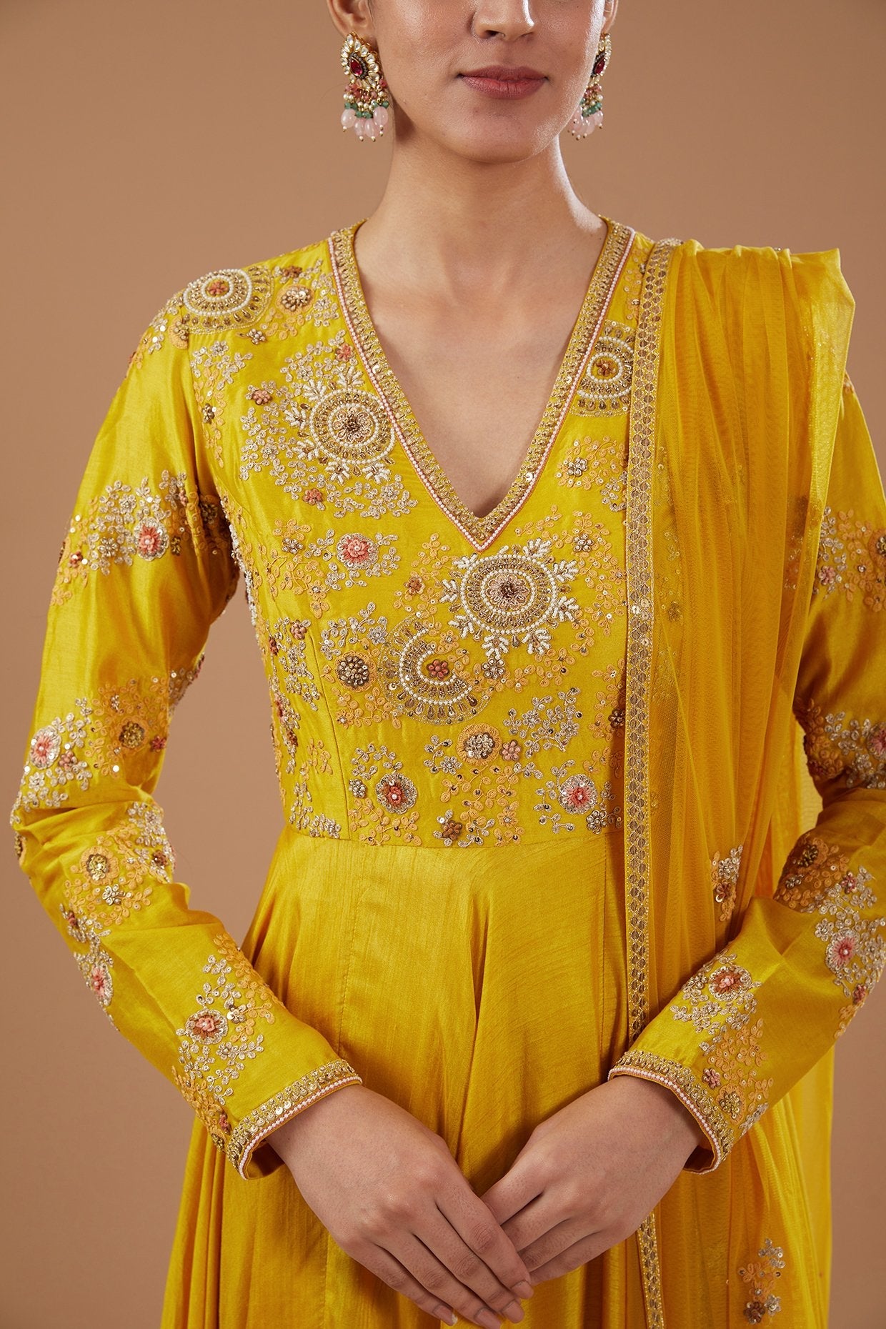 Yellow Bemberg Silk & Chanderi Shimmer Dori Embroidered Asymmetric Anarkali Set