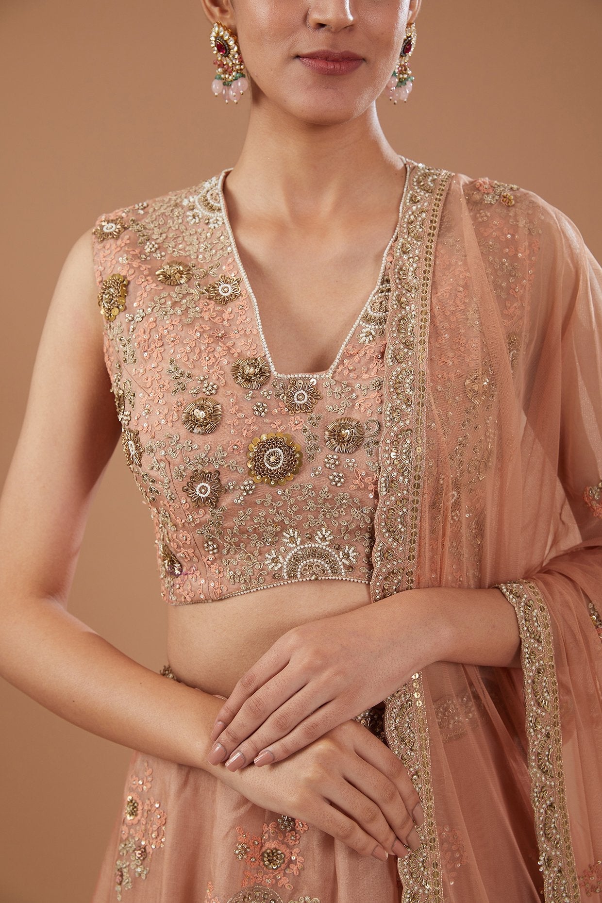Peach Organza Shimmer Dori Embroidered Lehenga Set