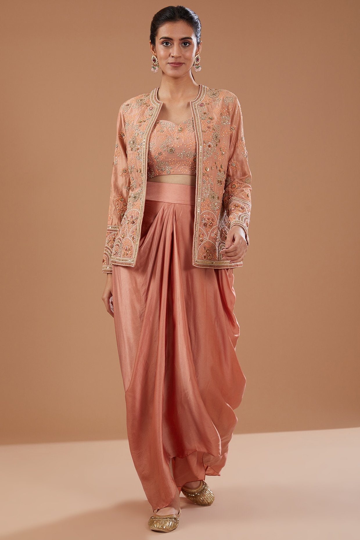Peach Satin Draped Skirt Set