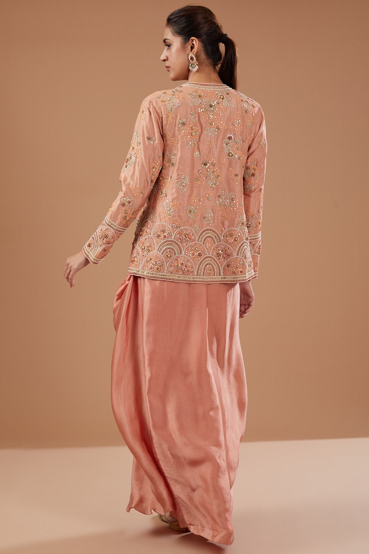 Peach Satin Draped Skirt Set