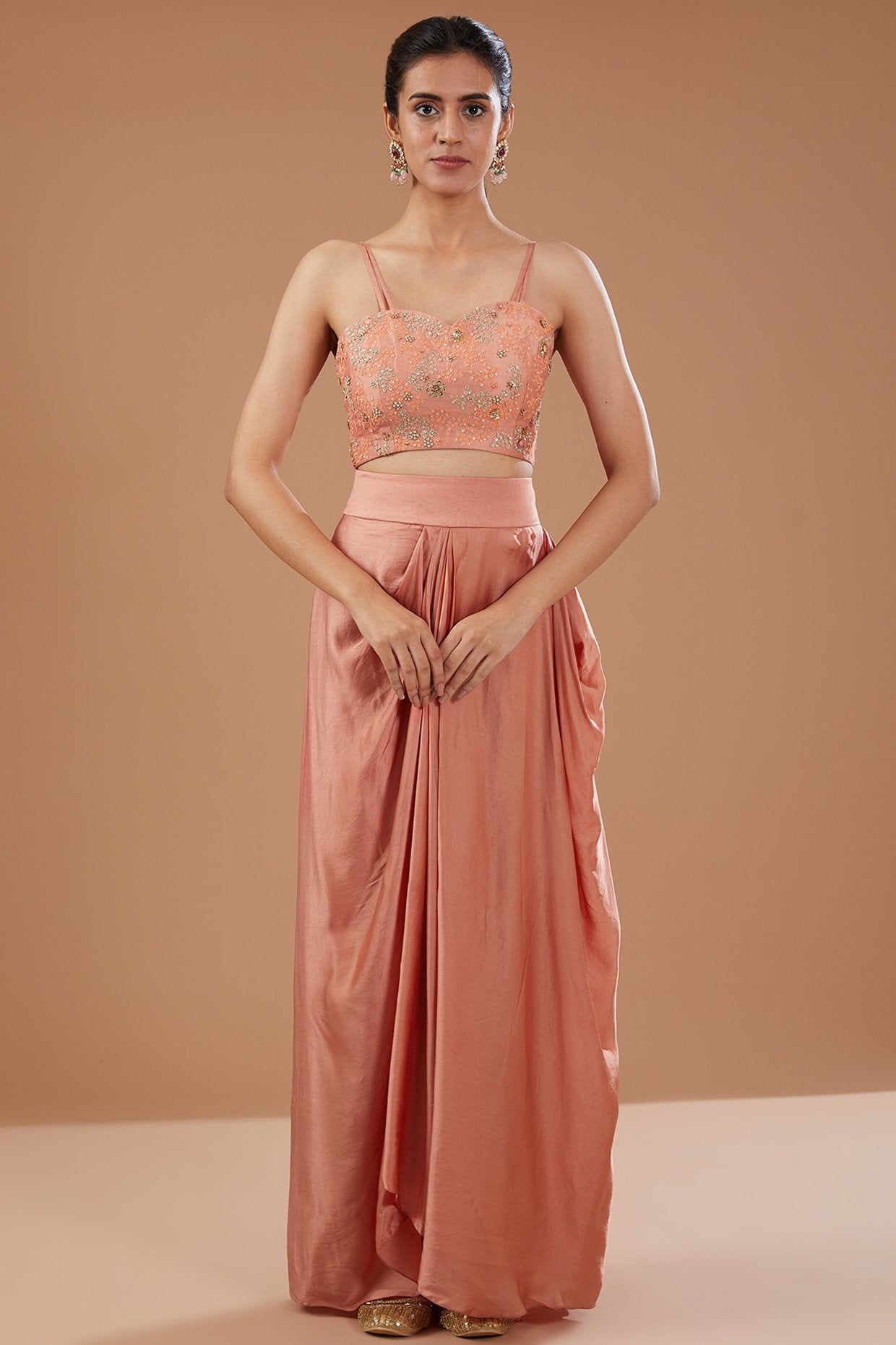 Peach Satin Draped Skirt Set