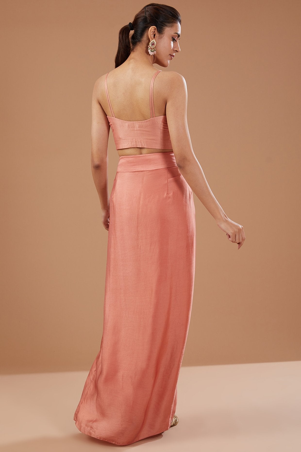 Peach Satin Draped Skirt Set