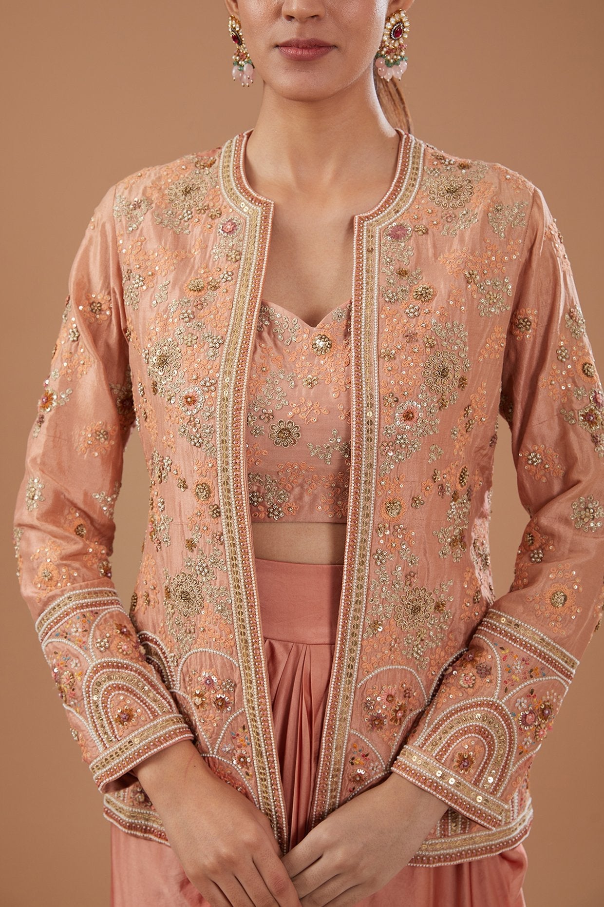 Peach Satin Draped Skirt Set