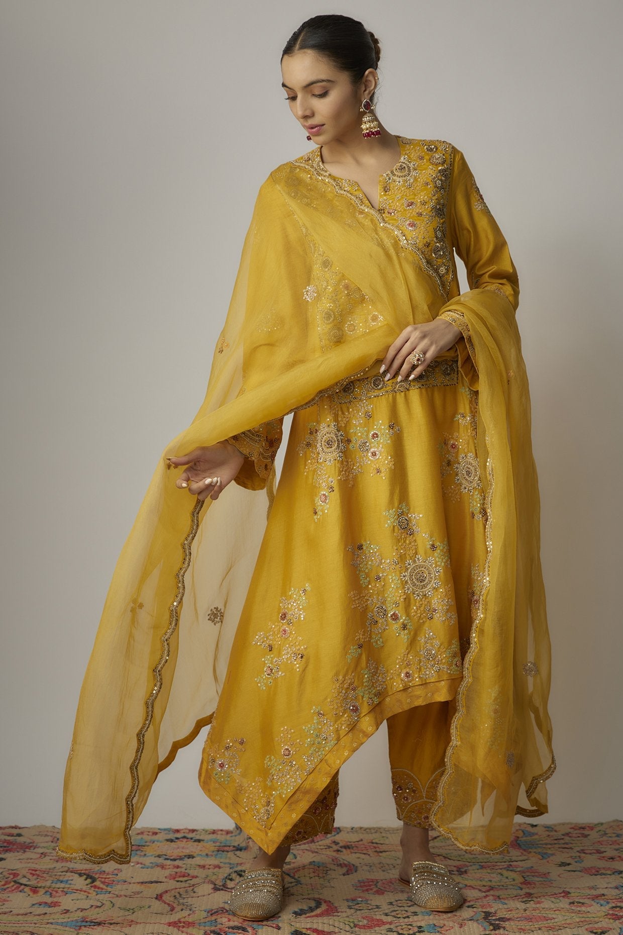 Yellow Chanderi Dori Embroidered Kurta Set