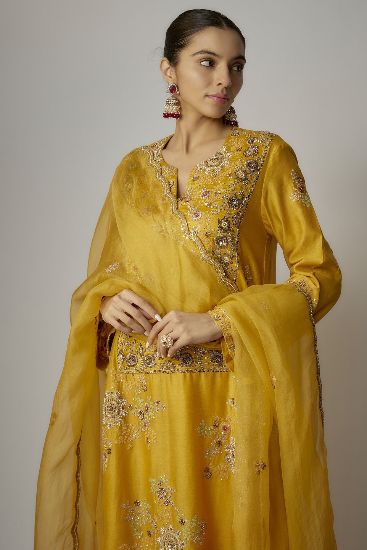 Yellow Chanderi Dori Embroidered Kurta Set