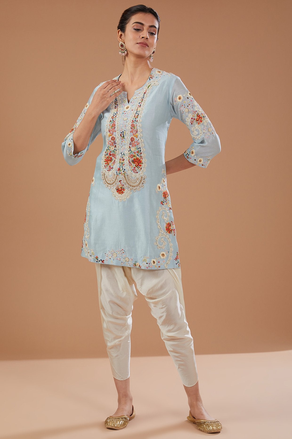 Blue Chanderi Paisley Embroidered Short Kurta Set