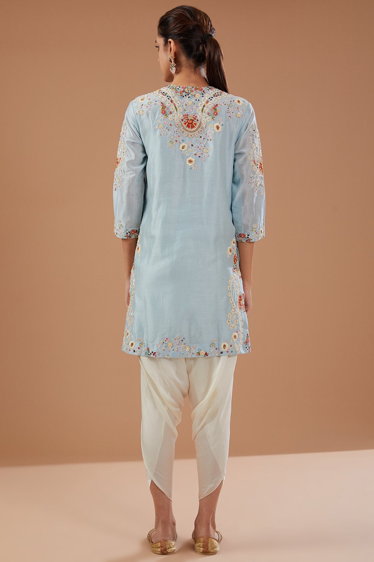Blue Chanderi Paisley Embroidered Short Kurta Set