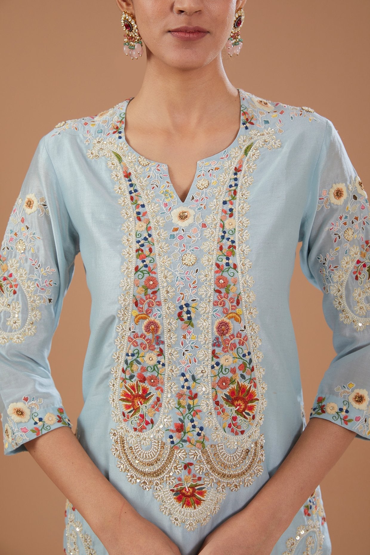 Blue Chanderi Paisley Embroidered Short Kurta Set