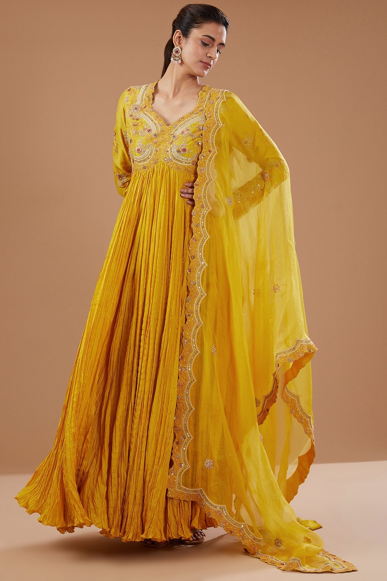 Yellow Dupion Silk Shimmer Dori Embroidered Crushed Kalidar Anarkali Set