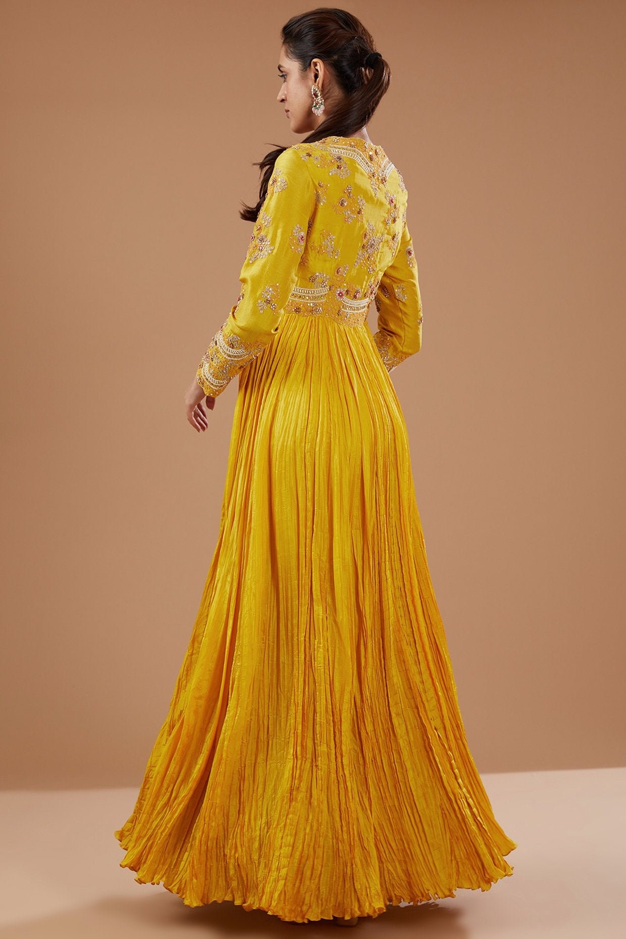 Yellow Dupion Silk Shimmer Dori Embroidered Crushed Kalidar Anarkali Set