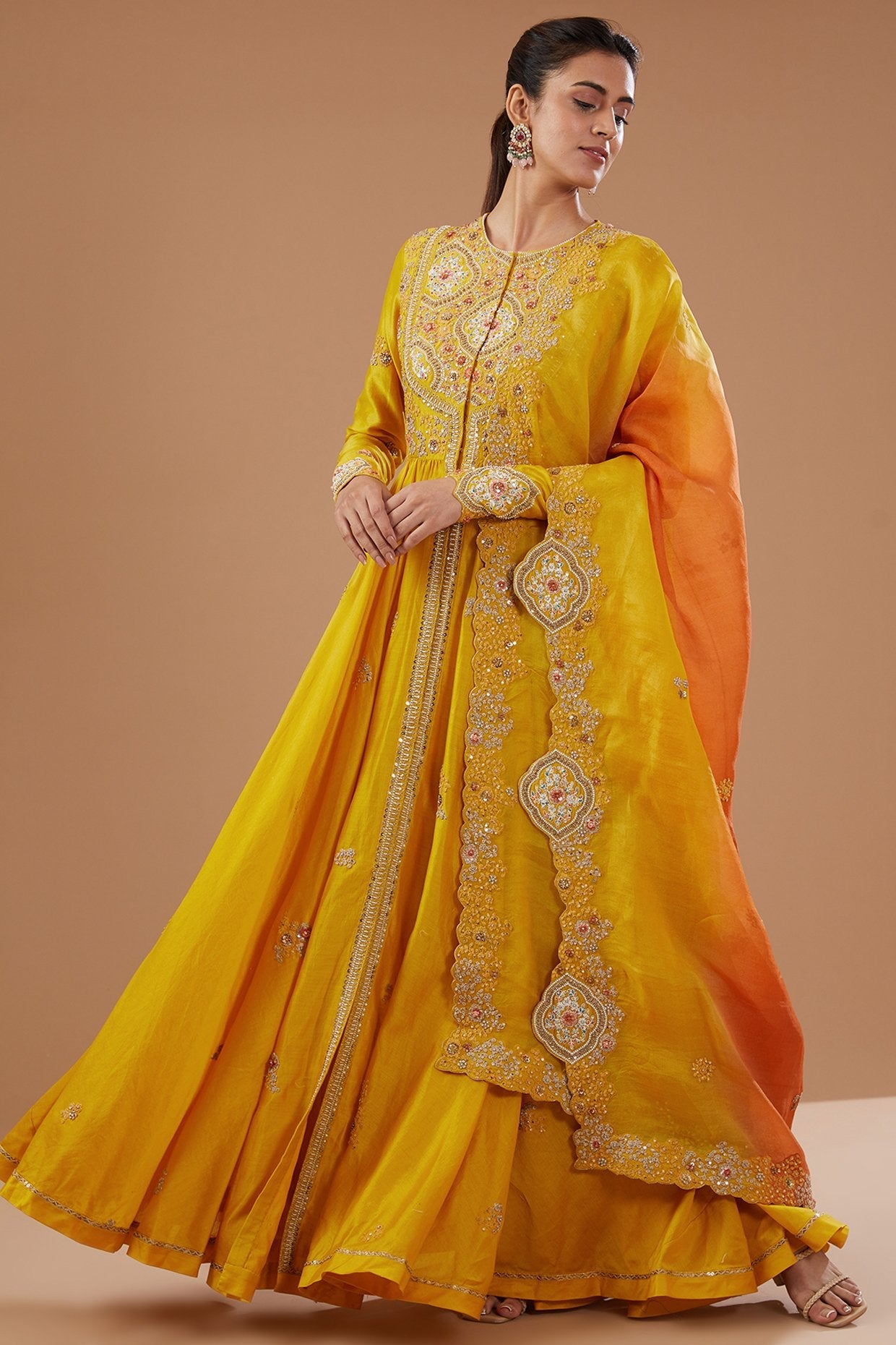 Yellow Chanderi Shimmer Dori Embroidered Kalidar Anarkali Set