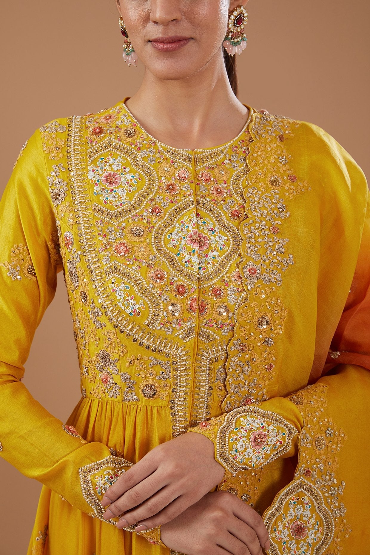 Yellow Chanderi Shimmer Dori Embroidered Kalidar Anarkali Set