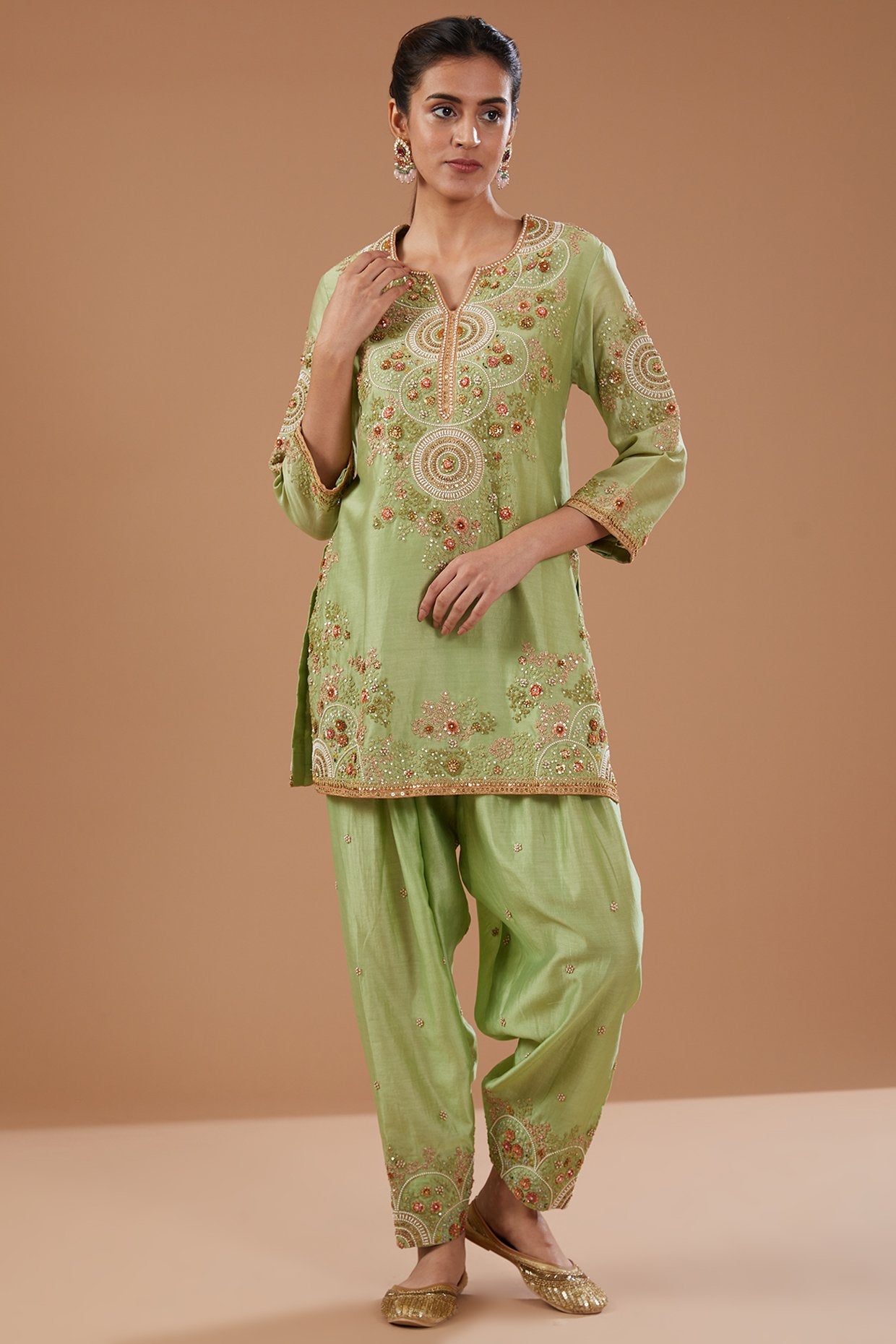 Green Chanderi Shimmer Dori Embroidered Short Kurta Set