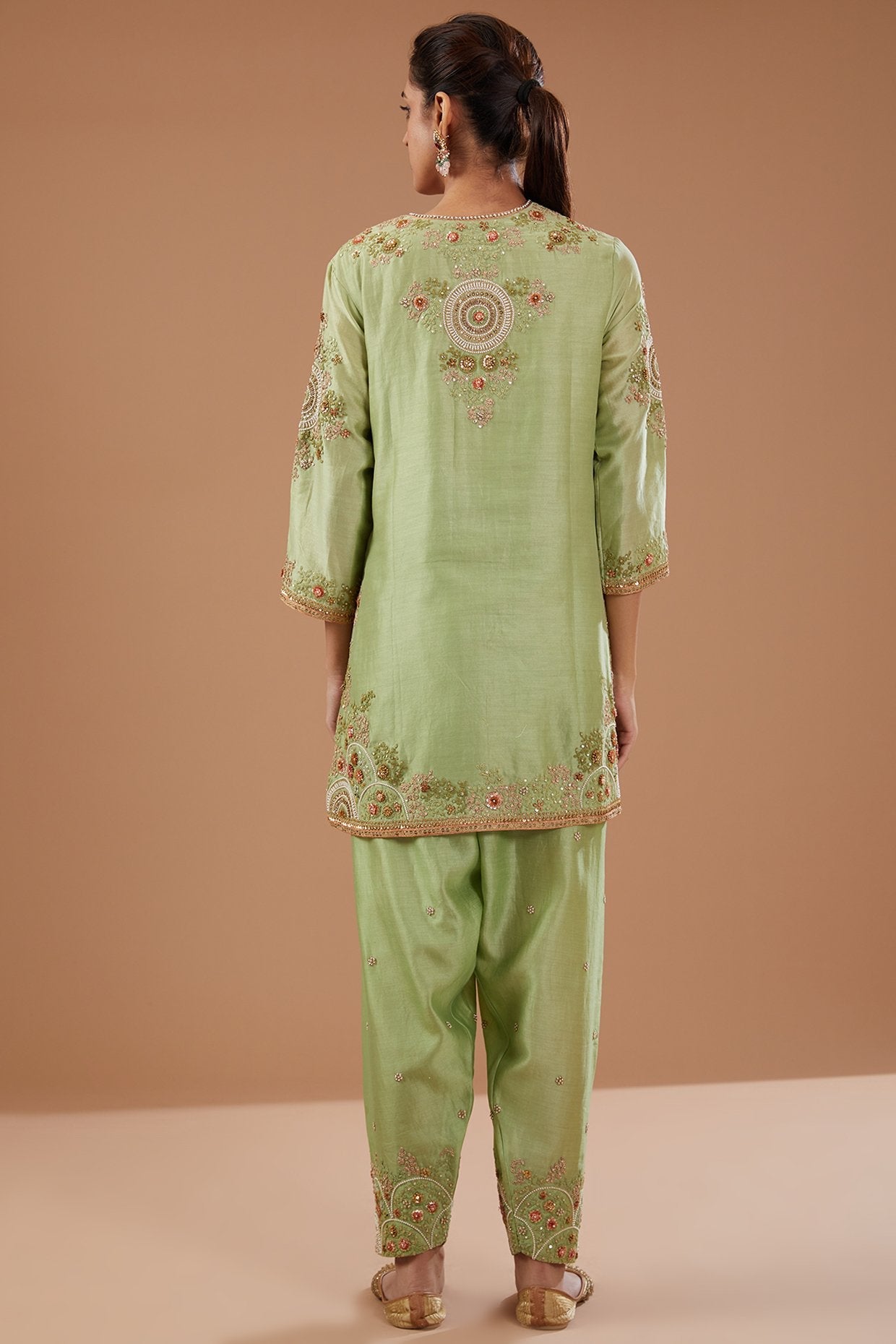 Green Chanderi Shimmer Dori Embroidered Short Kurta Set