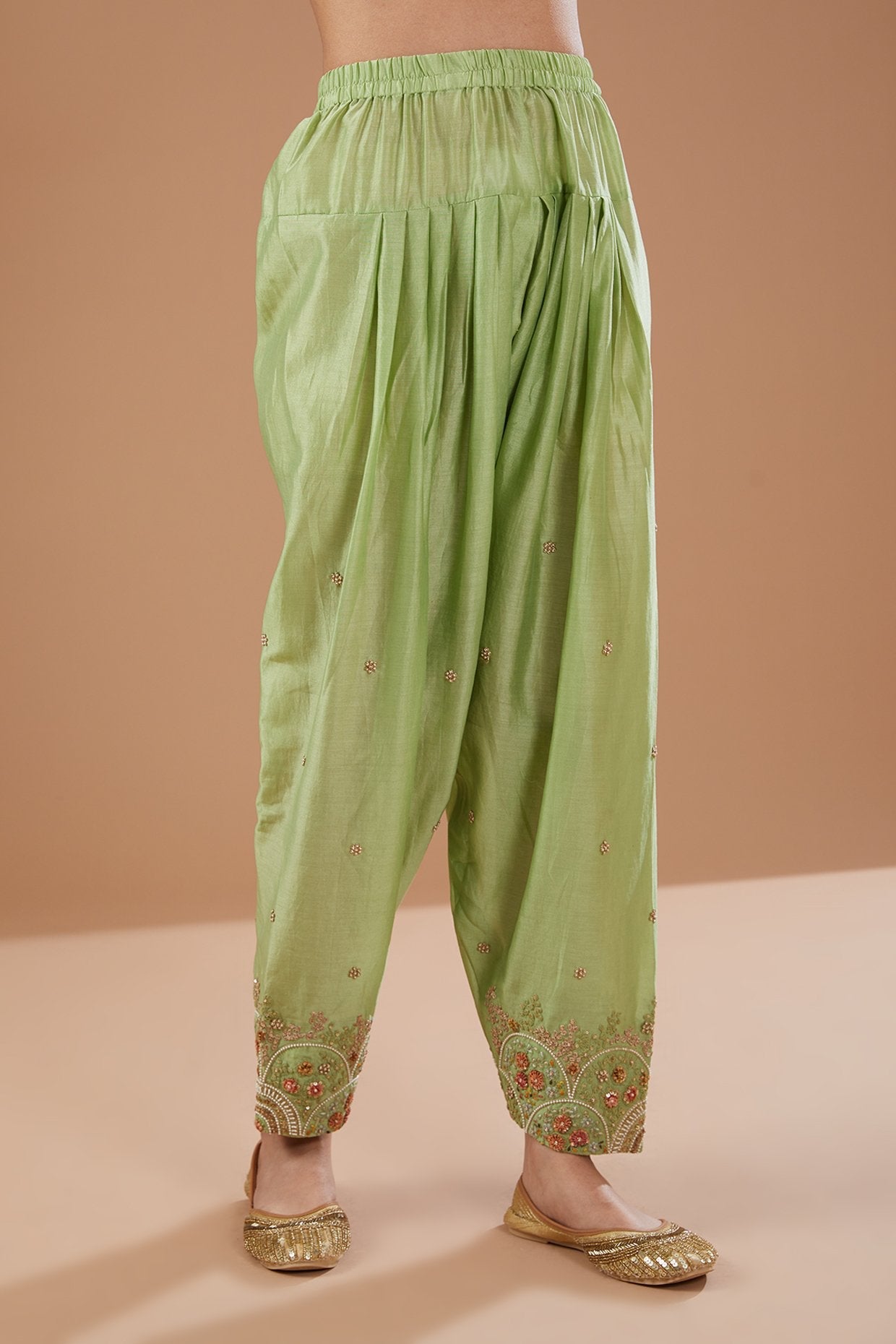 Green Chanderi Shimmer Dori Embroidered Short Kurta Set