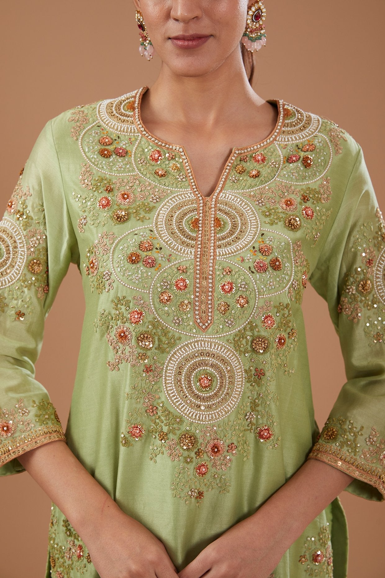Green Chanderi Shimmer Dori Embroidered Short Kurta Set