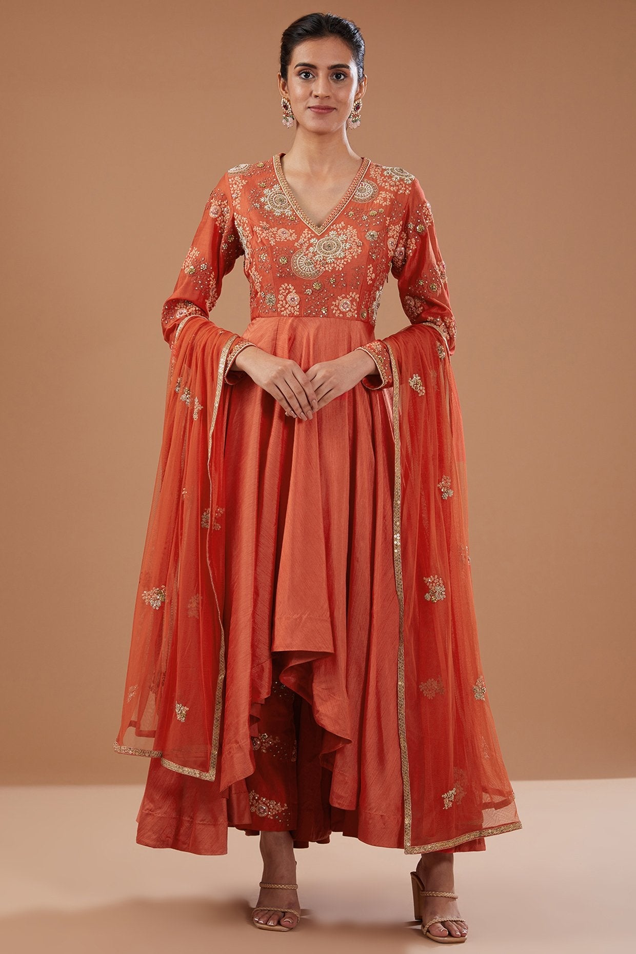 Red Bemberg Silk & Chanderi Shimmer Dori Embroidered Asymmetric Anarkali Set