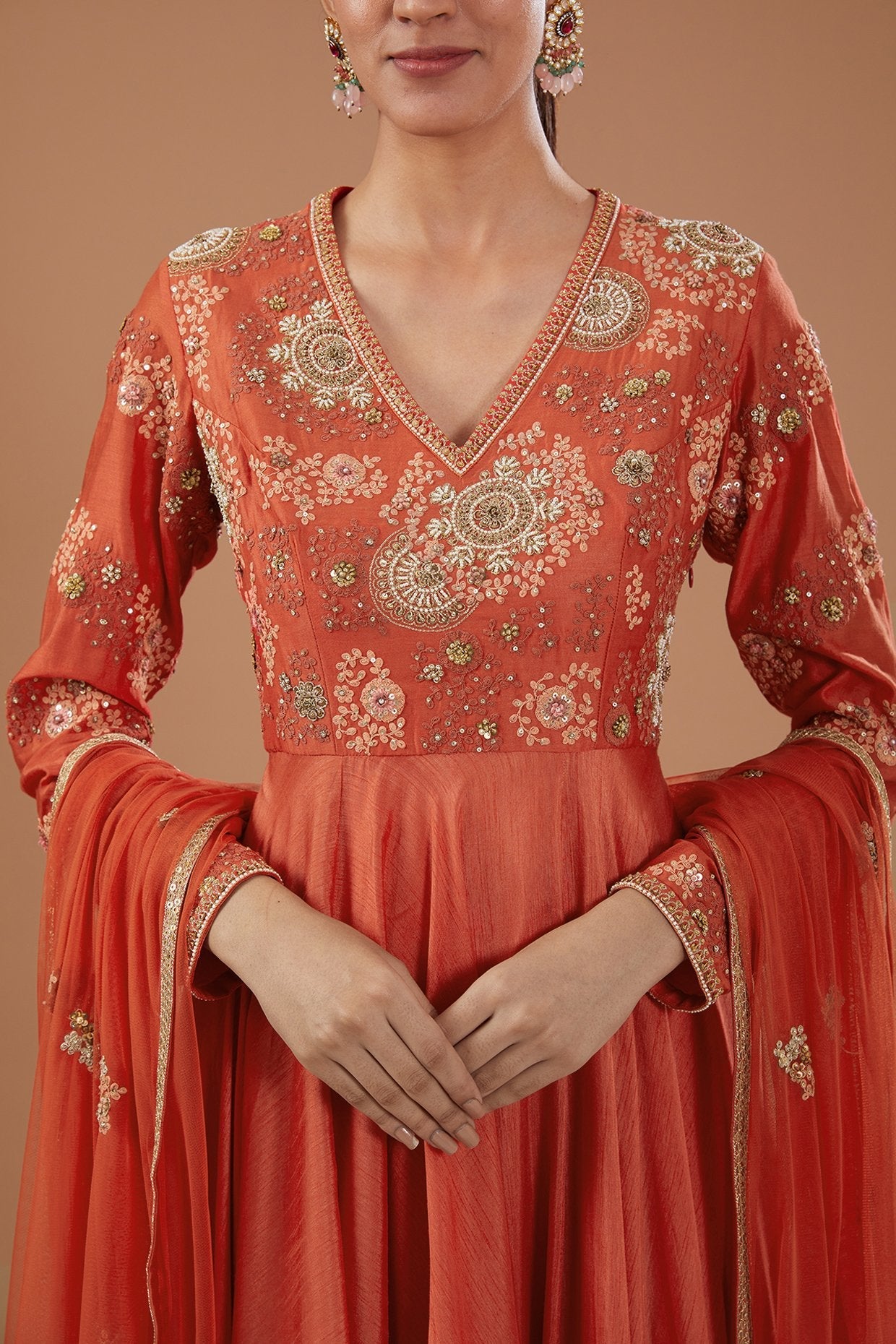 Red Bemberg Silk & Chanderi Shimmer Dori Embroidered Asymmetric Anarkali Set