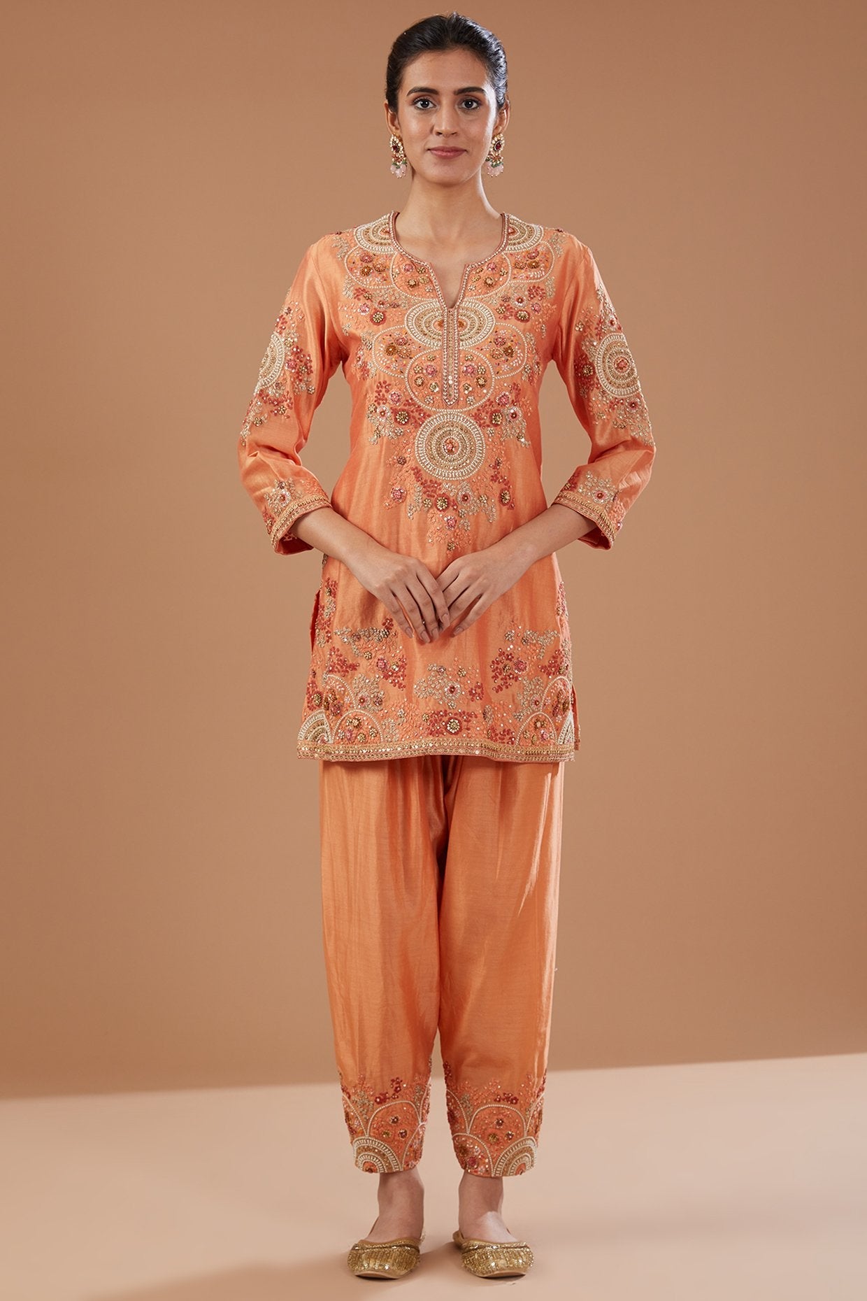 Orange Chanderi Shimmer Dori Embroidered Kurta Set