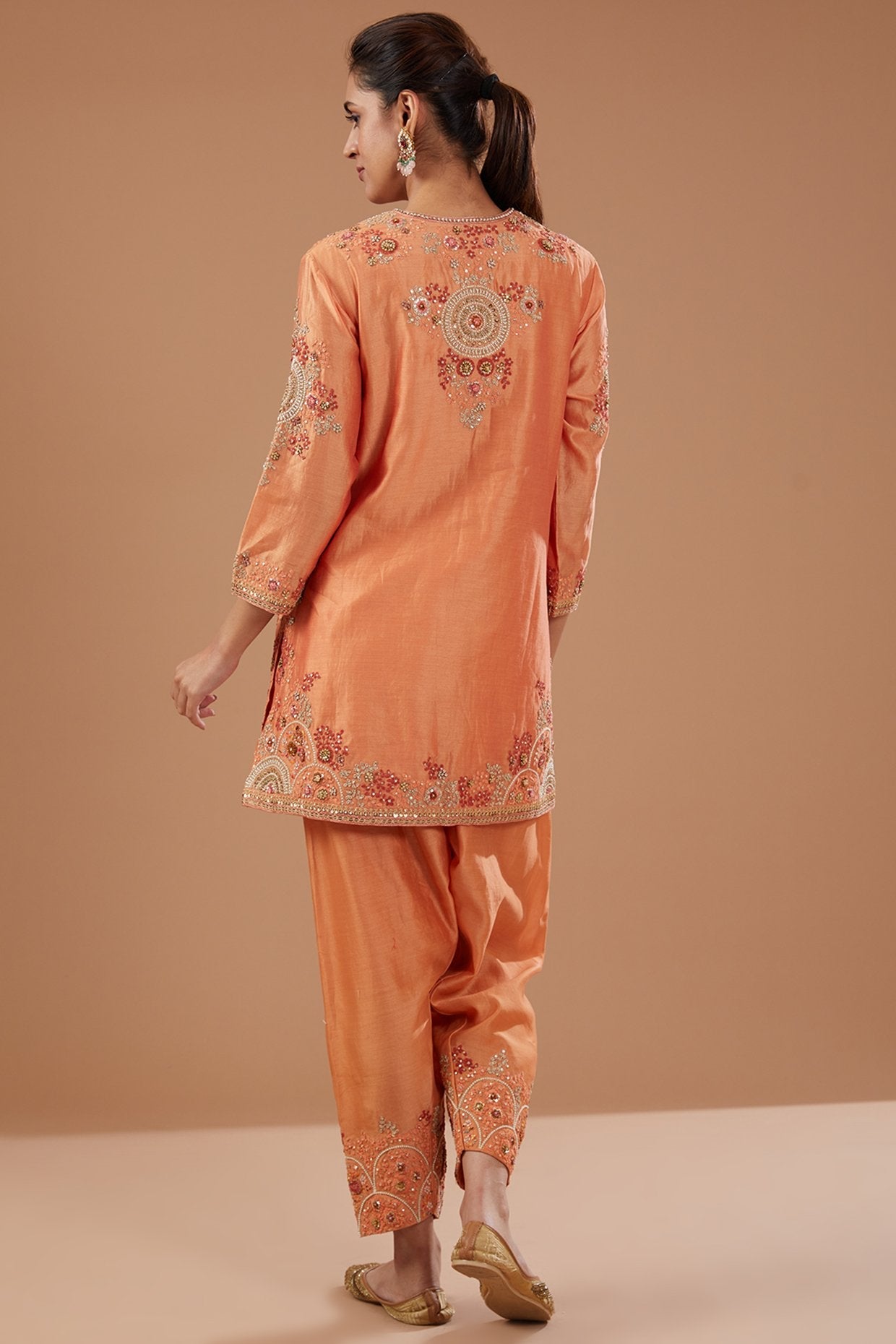Orange Chanderi Shimmer Dori Embroidered Kurta Set