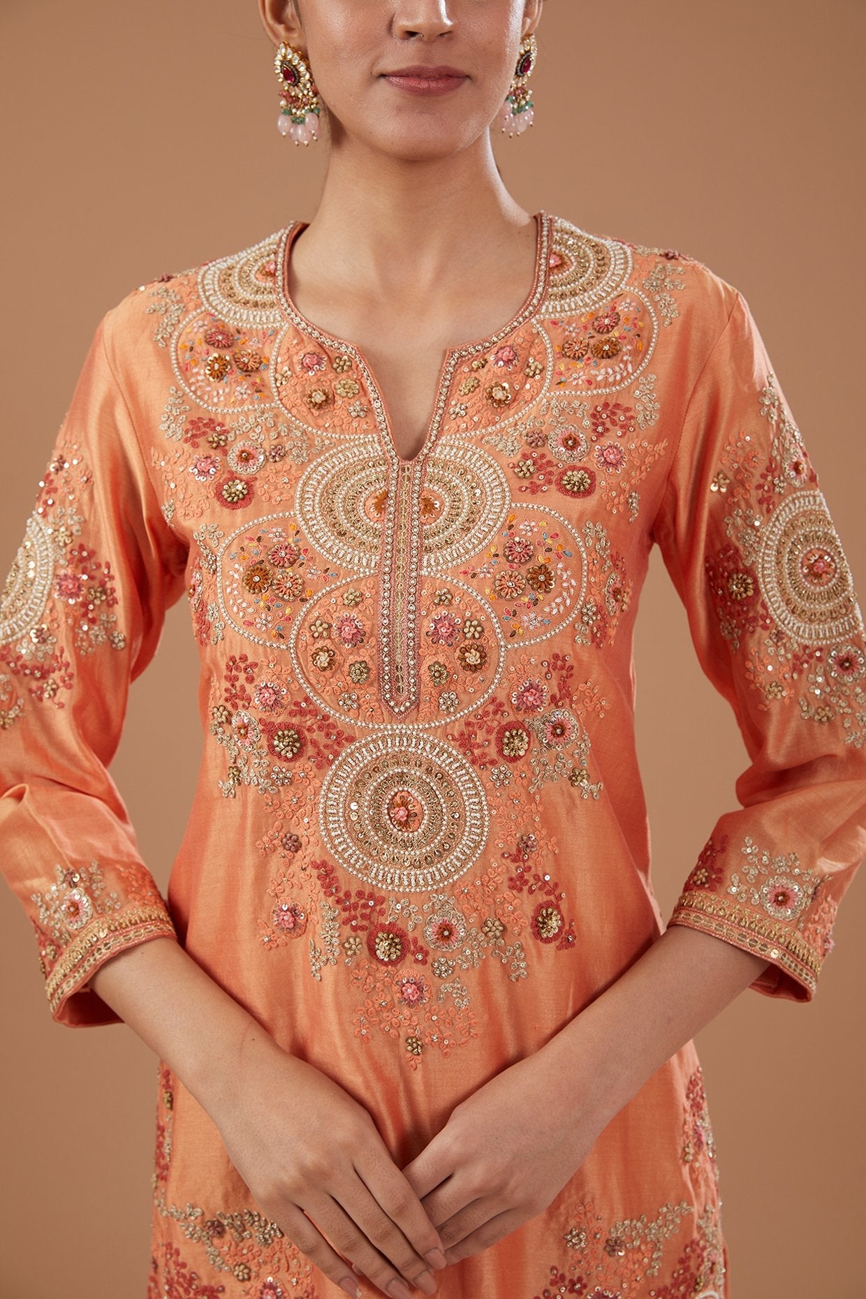 Orange Chanderi Shimmer Dori Embroidered Kurta Set