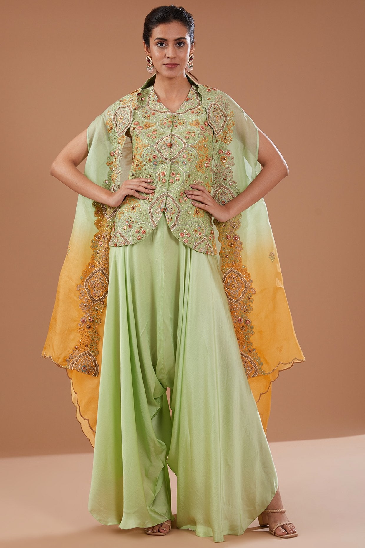 Green Organza Shimmer Dori Embroidered Cape Set