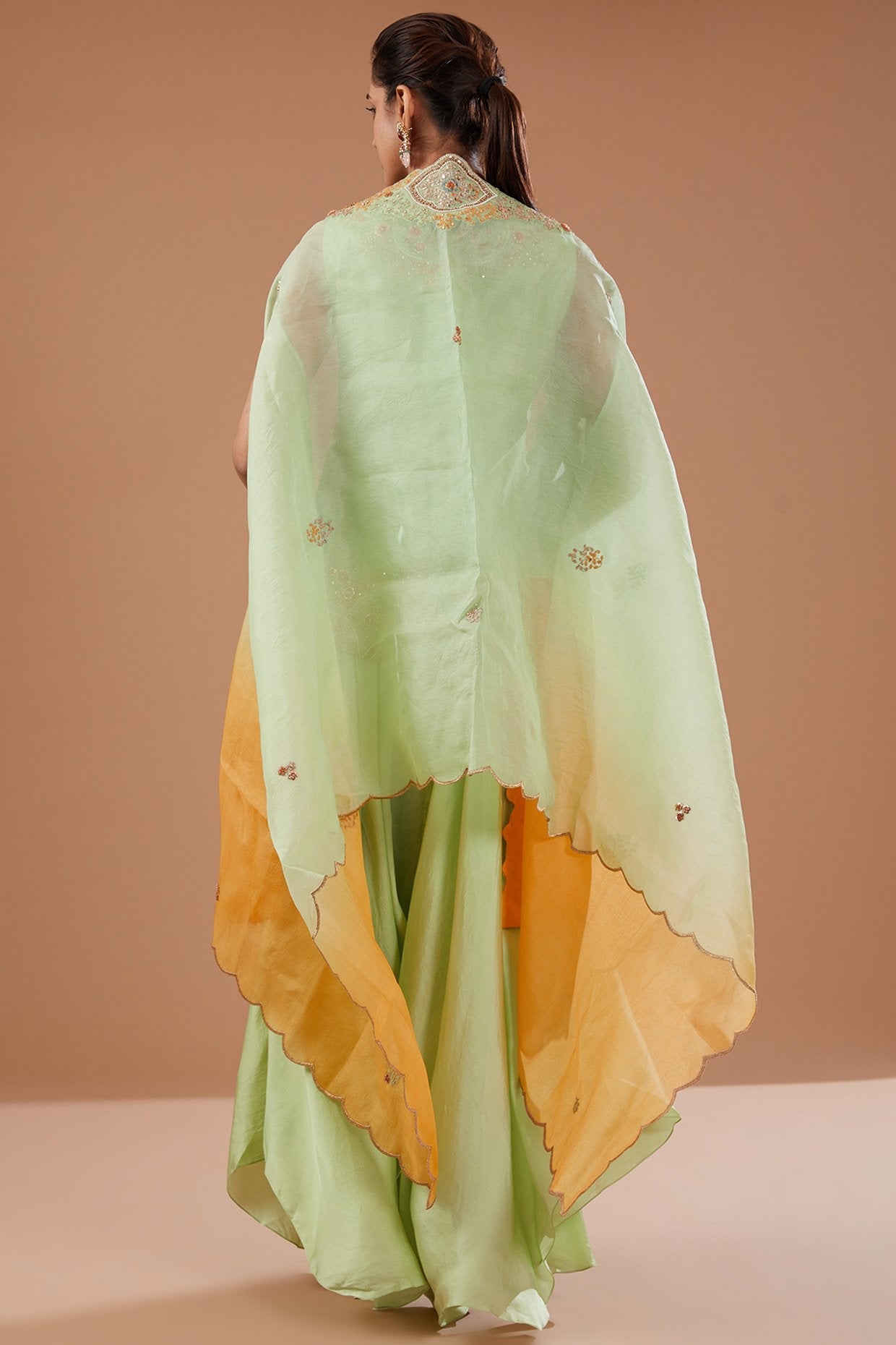 Green Organza Shimmer Dori Embroidered Cape Set
