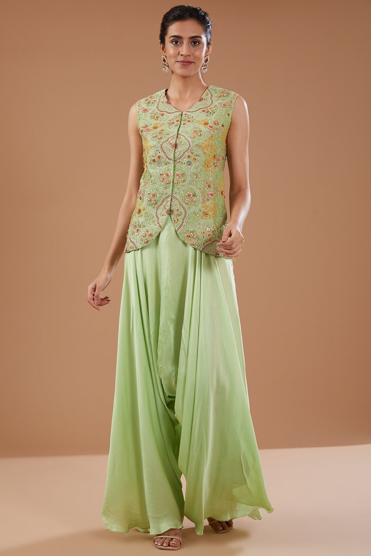 Green Organza Shimmer Dori Embroidered Cape Set