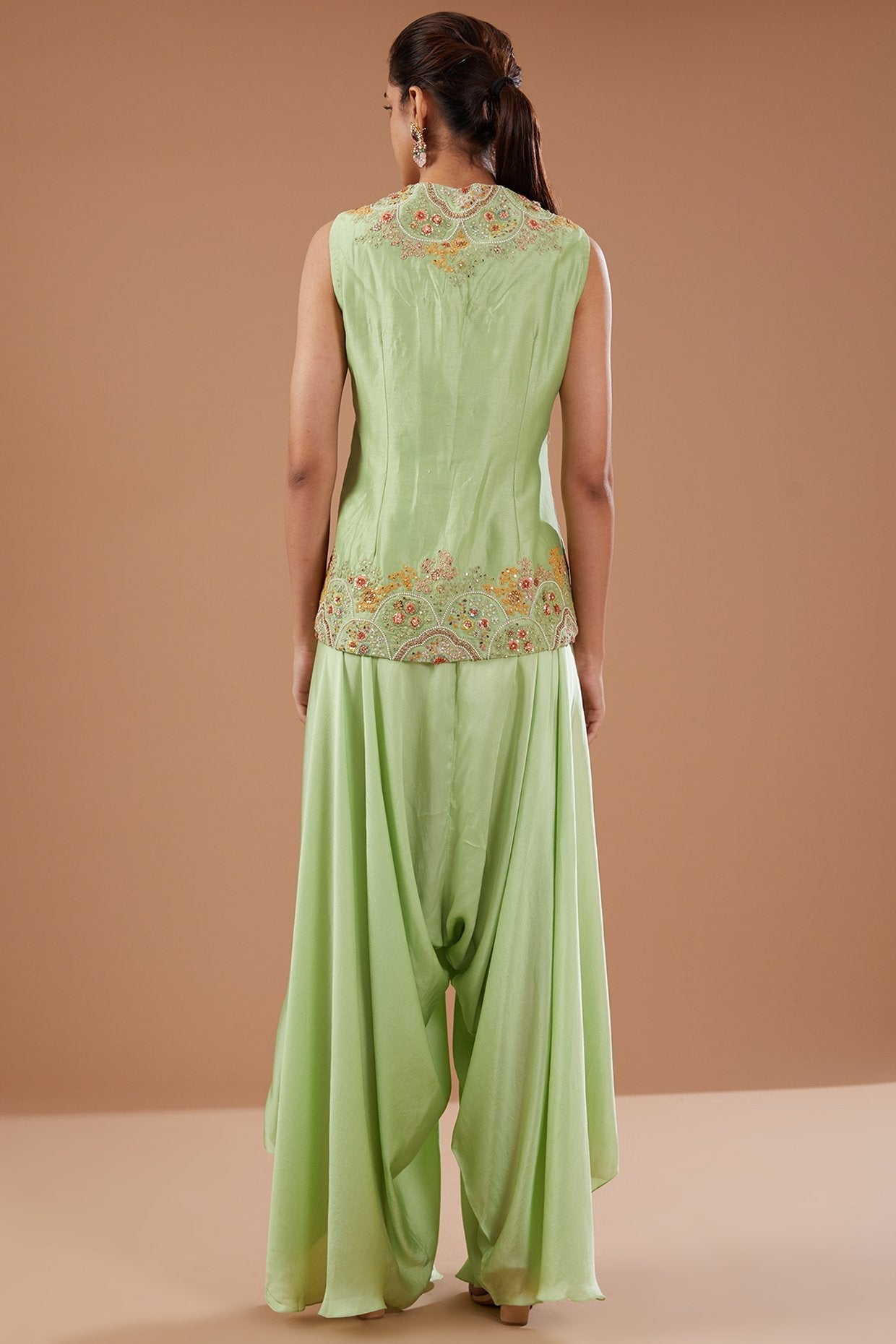 Green Organza Shimmer Dori Embroidered Cape Set