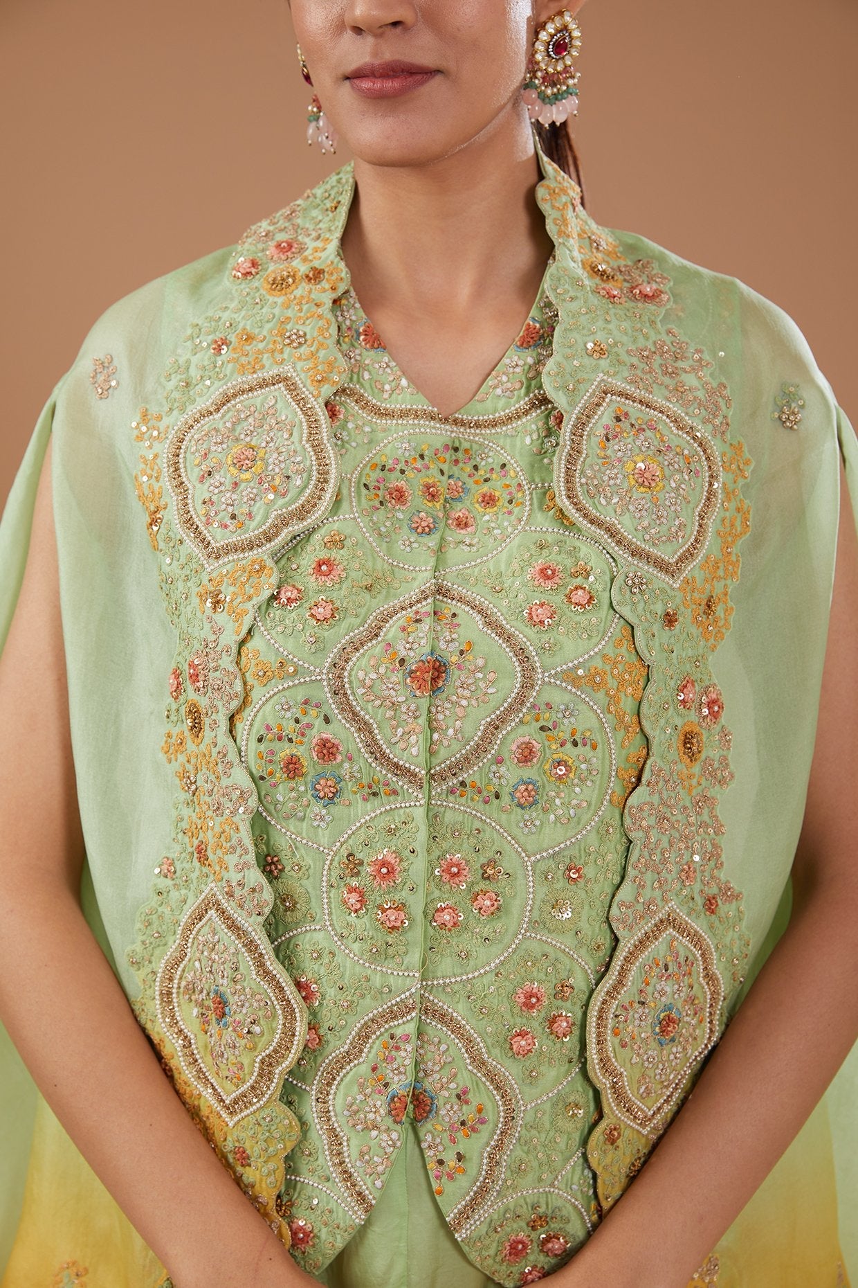 Green Organza Shimmer Dori Embroidered Cape Set