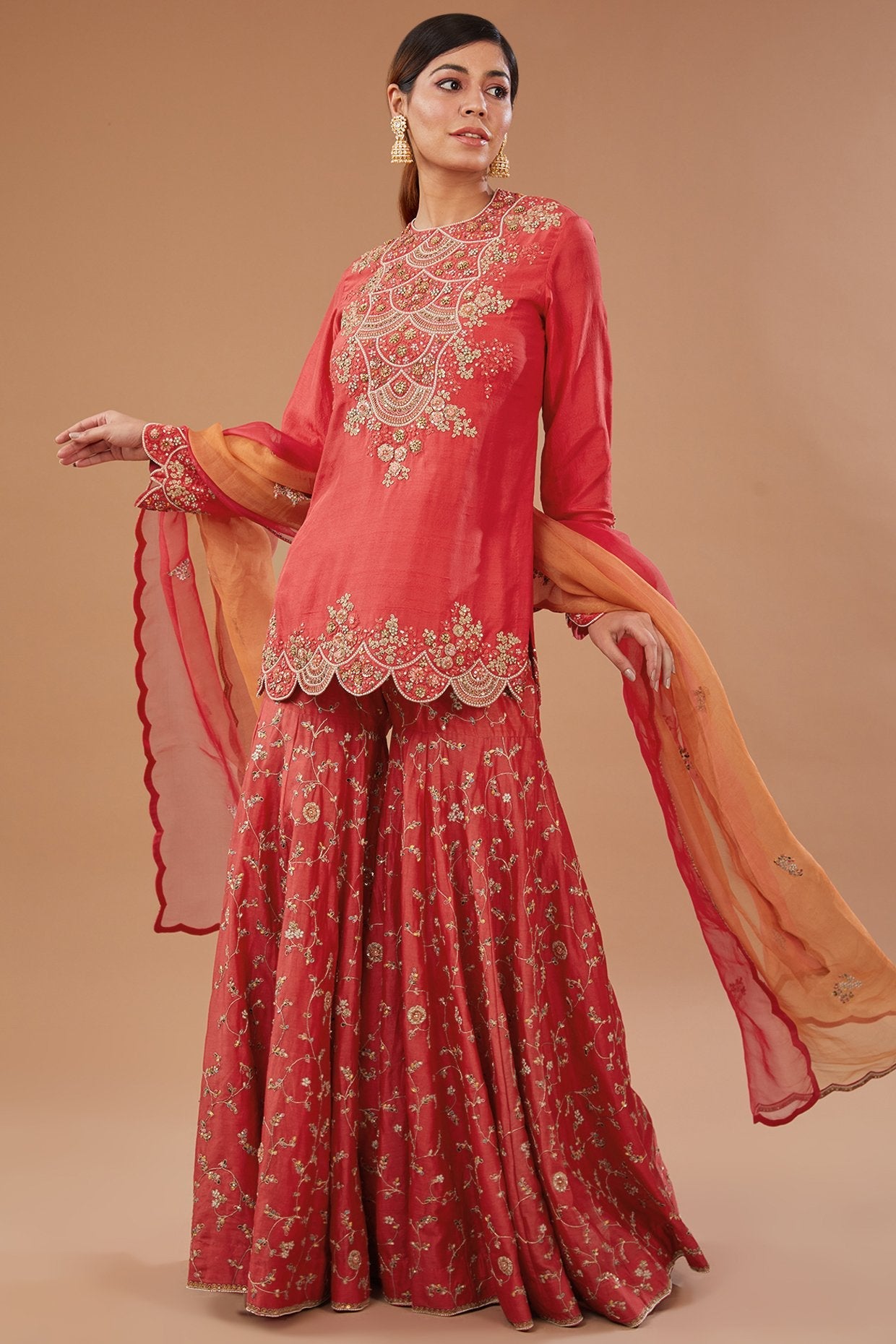 Red Organza Embroidered Sharara Set