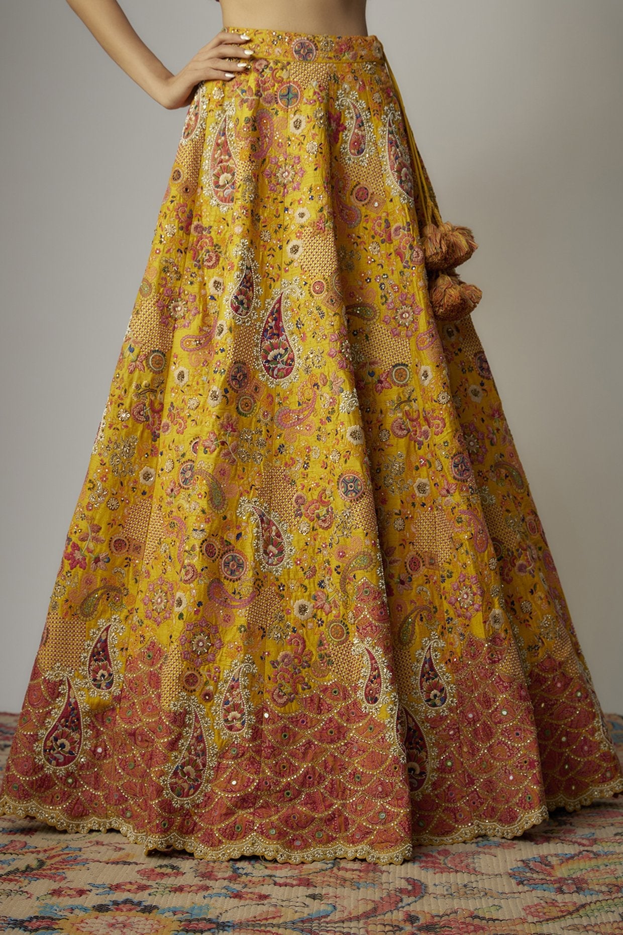 Yellow Dupion Paisley Embroidered Lehenga Set