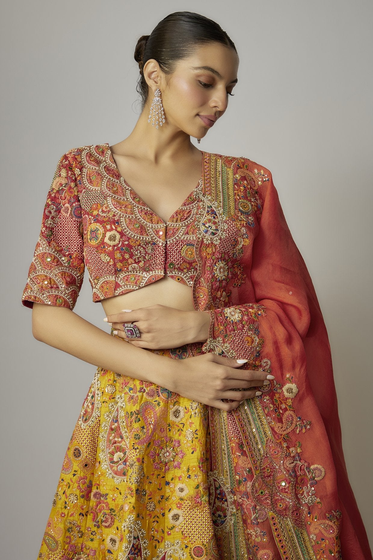 Yellow Dupion Paisley Embroidered Lehenga Set
