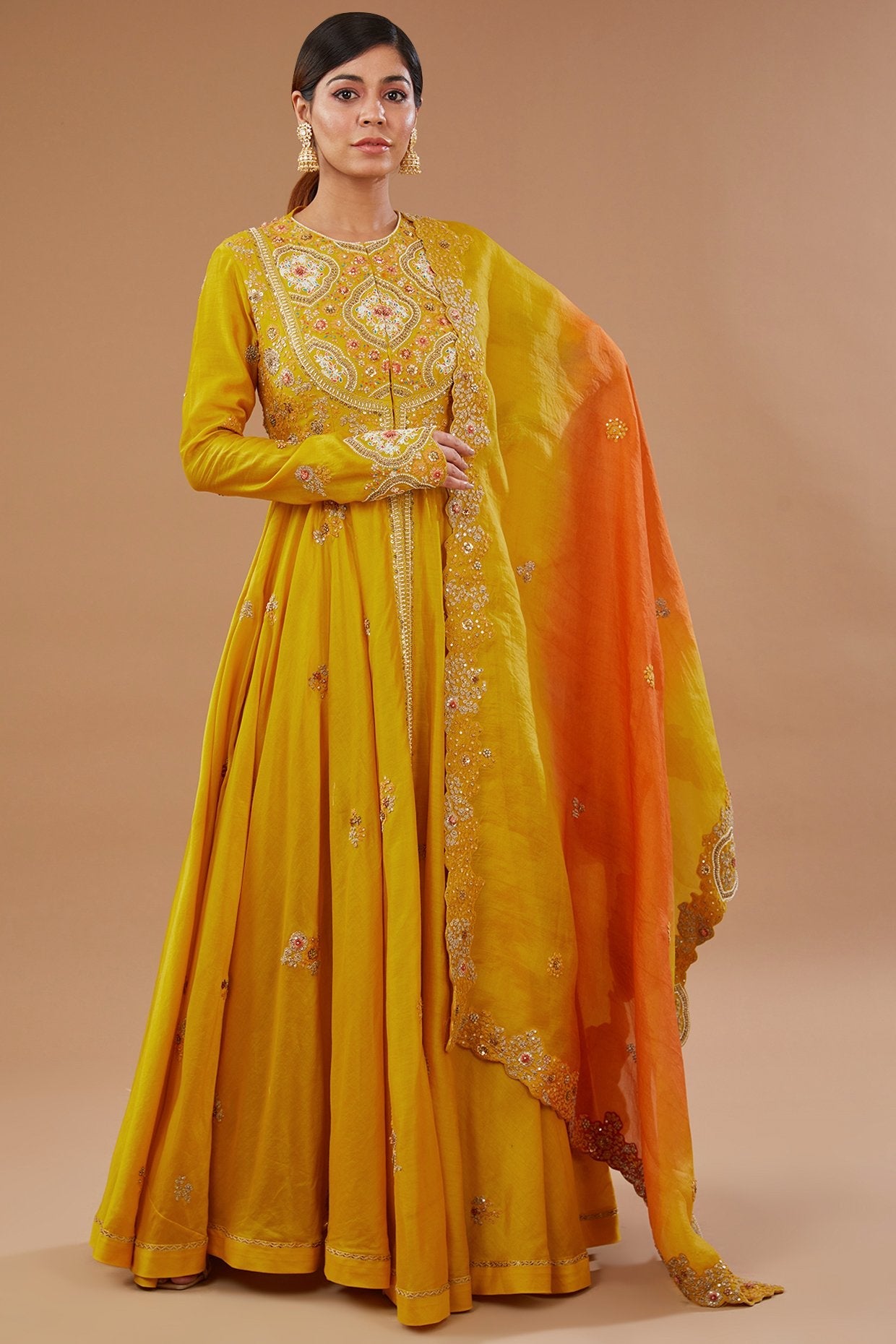 Yellow Chanderi Dori Embroidered Anarkali Set