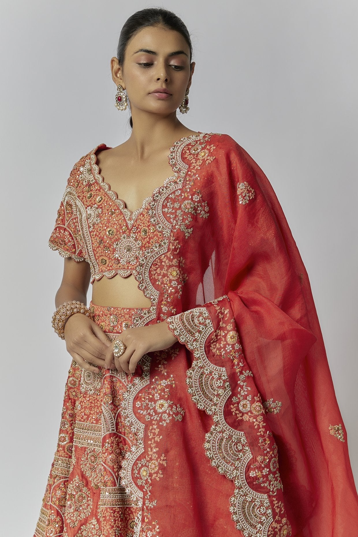Red Dupion Dori & Aari Embroidered Lehenga Set