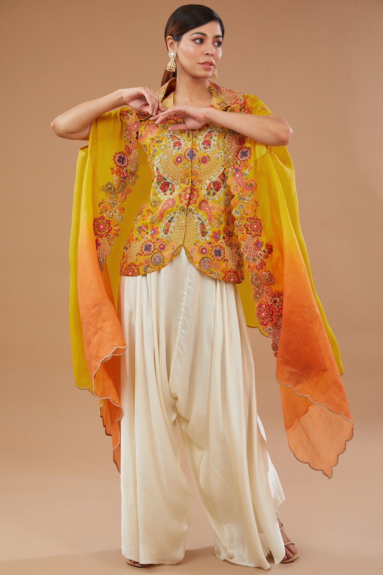 Yellow Organza Paisley Embroidered Cape Set