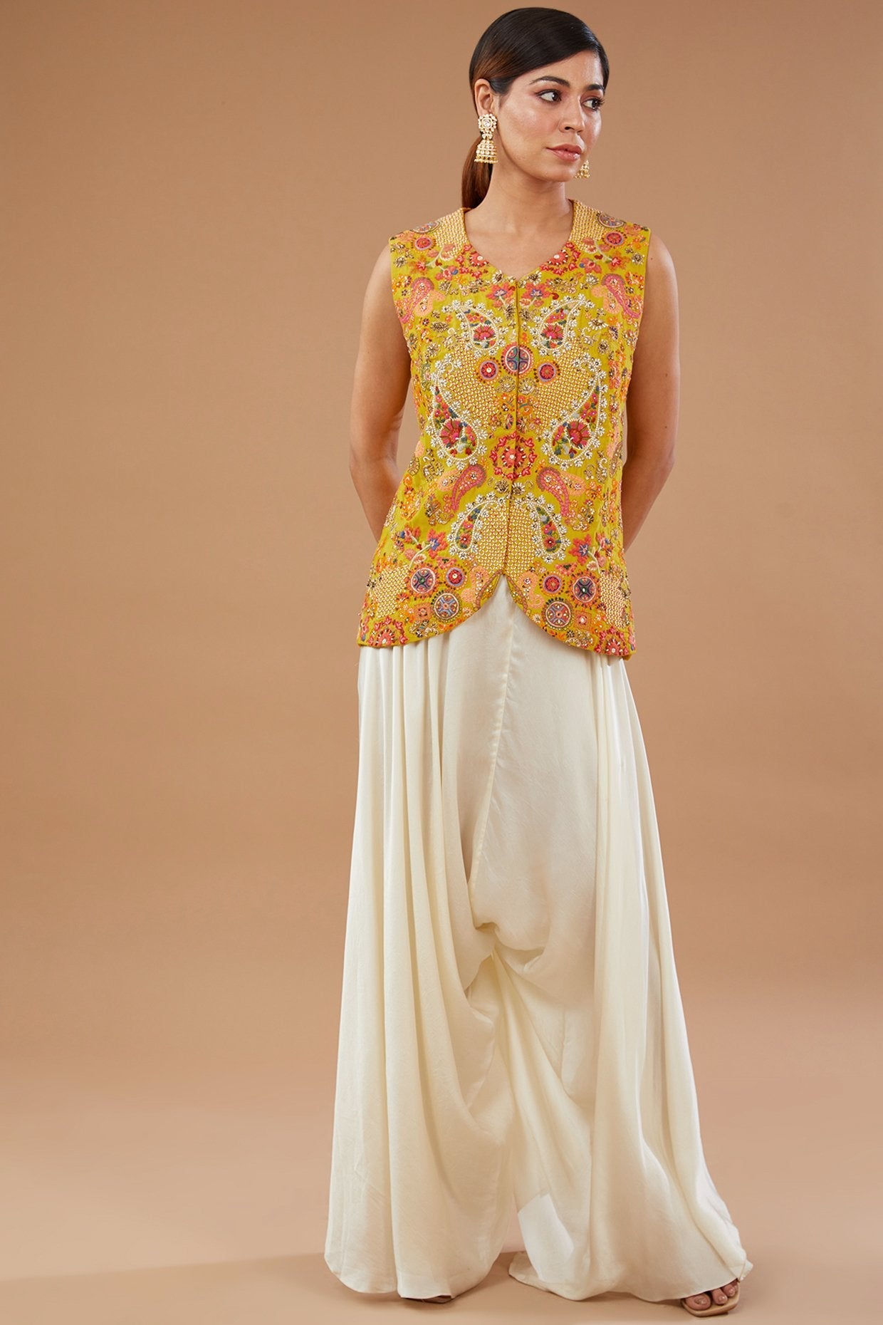 Yellow Organza Paisley Embroidered Cape Set