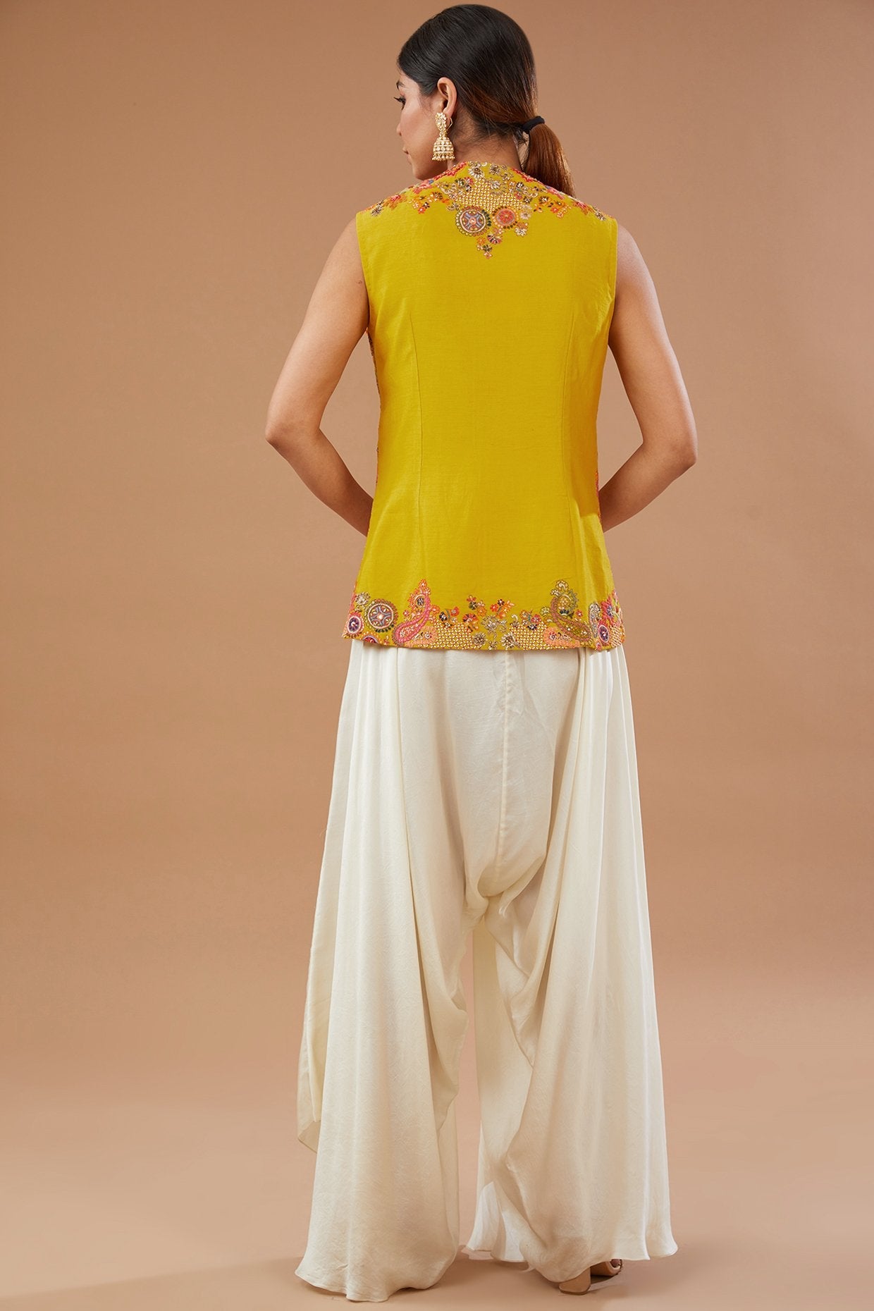 Yellow Organza Paisley Embroidered Cape Set