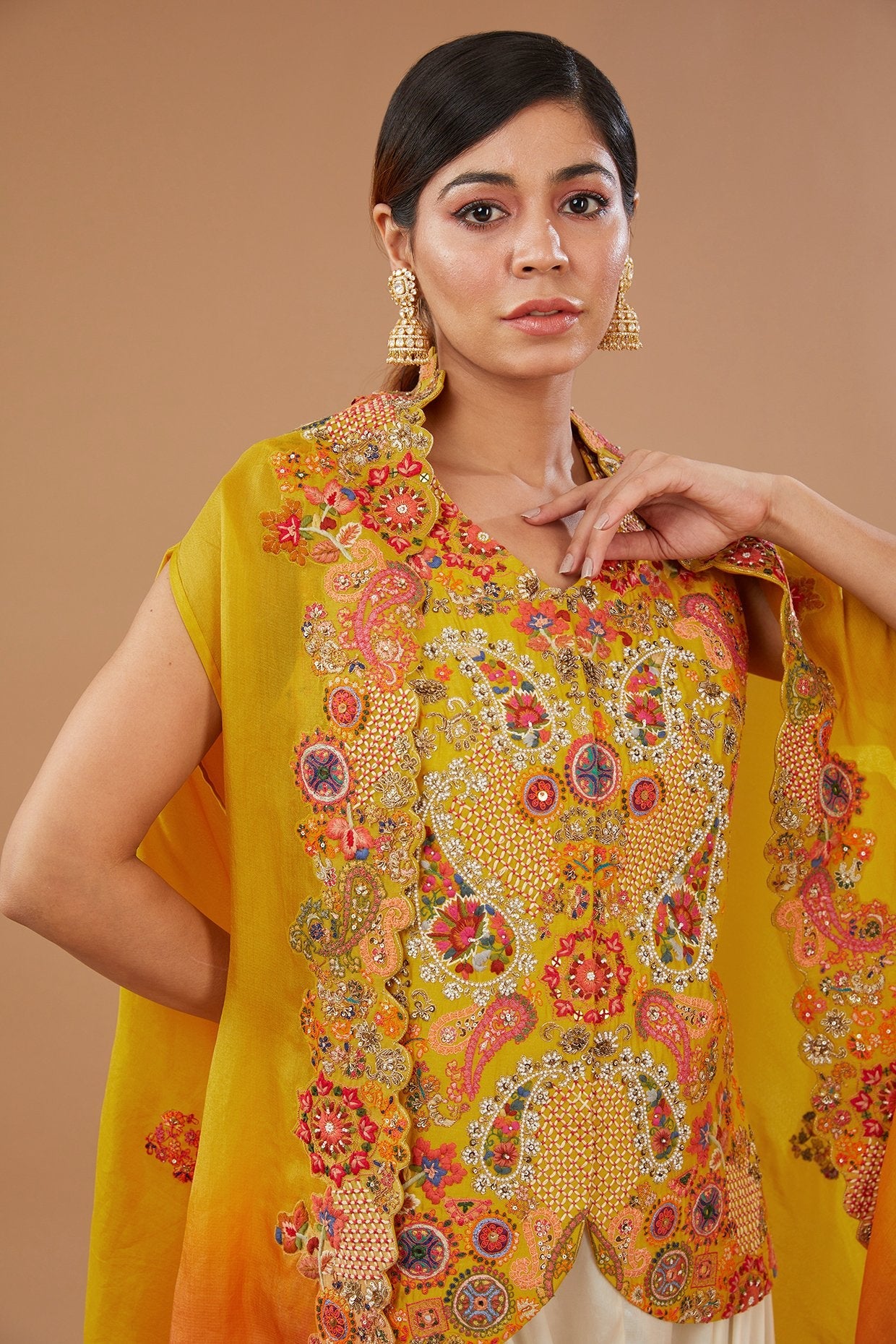 Yellow Organza Paisley Embroidered Cape Set