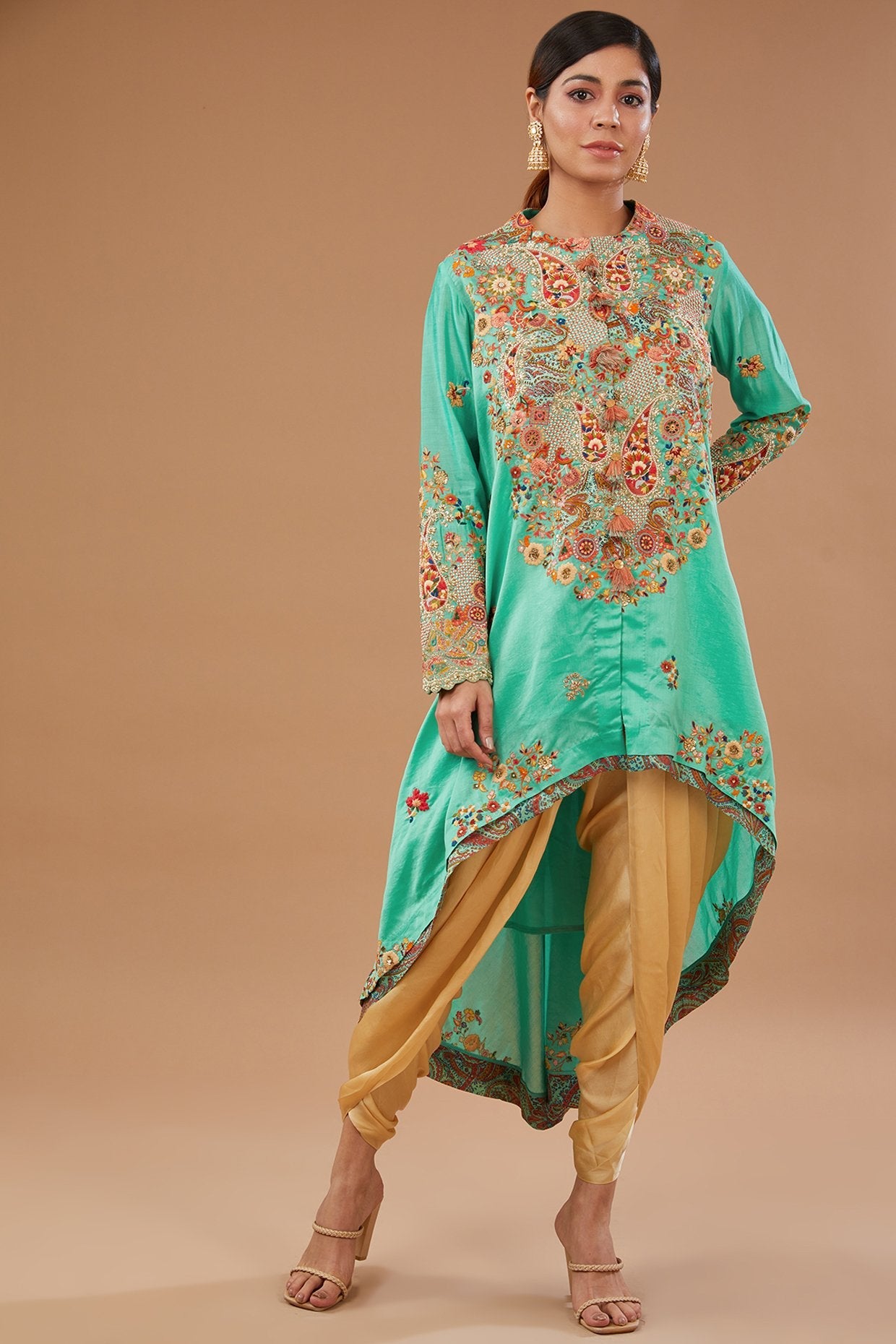 Green Chanderi Paisley Embroidered High-Low Jacket Set