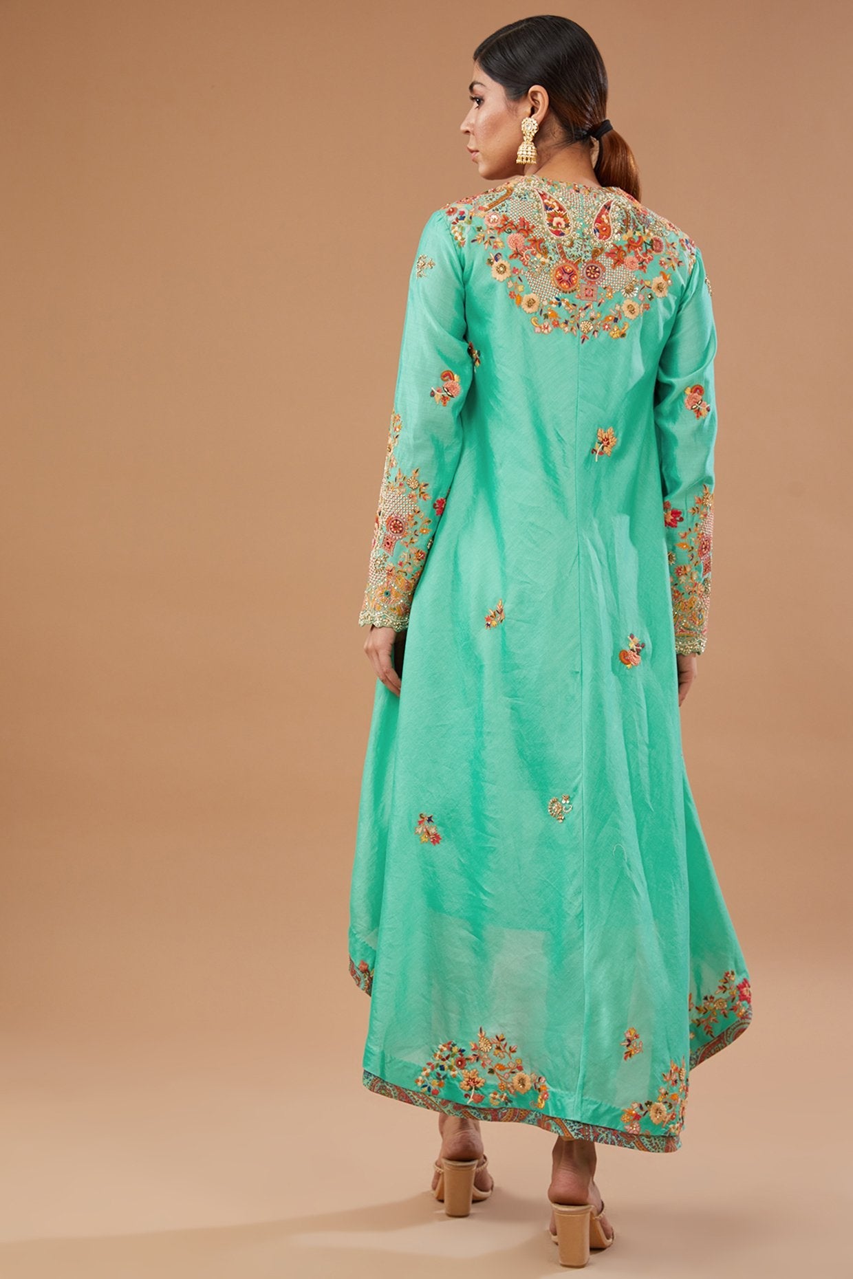Green Chanderi Paisley Embroidered High-Low Jacket Set