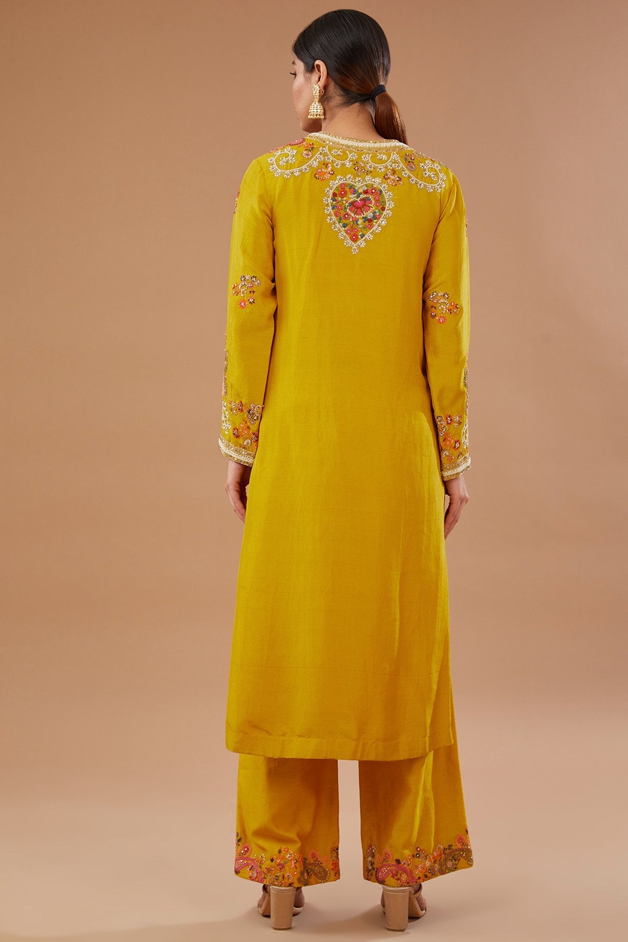 Yellow Silk & Chanderi Paisley Embroidered Kurta Set