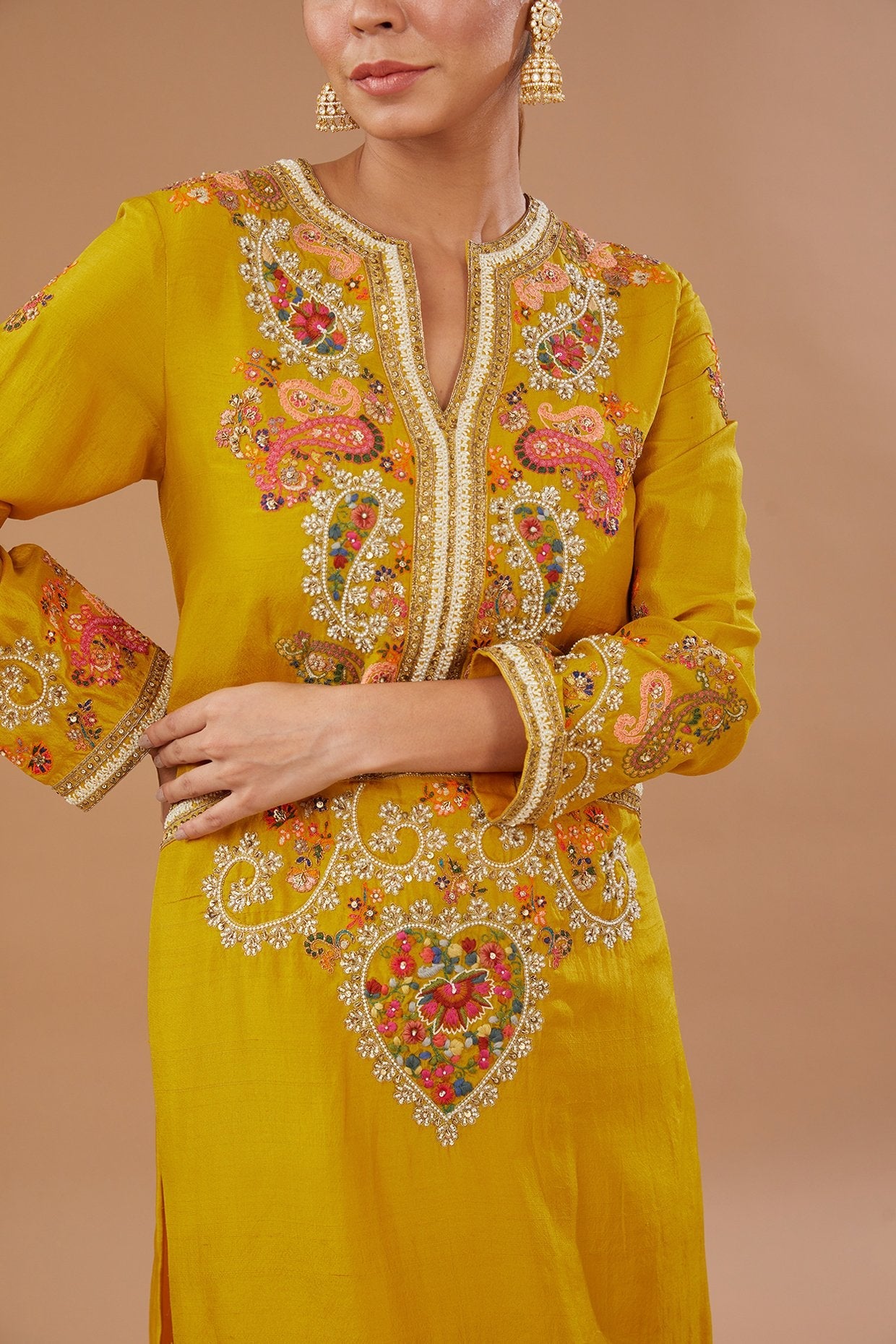 Yellow Silk & Chanderi Paisley Embroidered Kurta Set