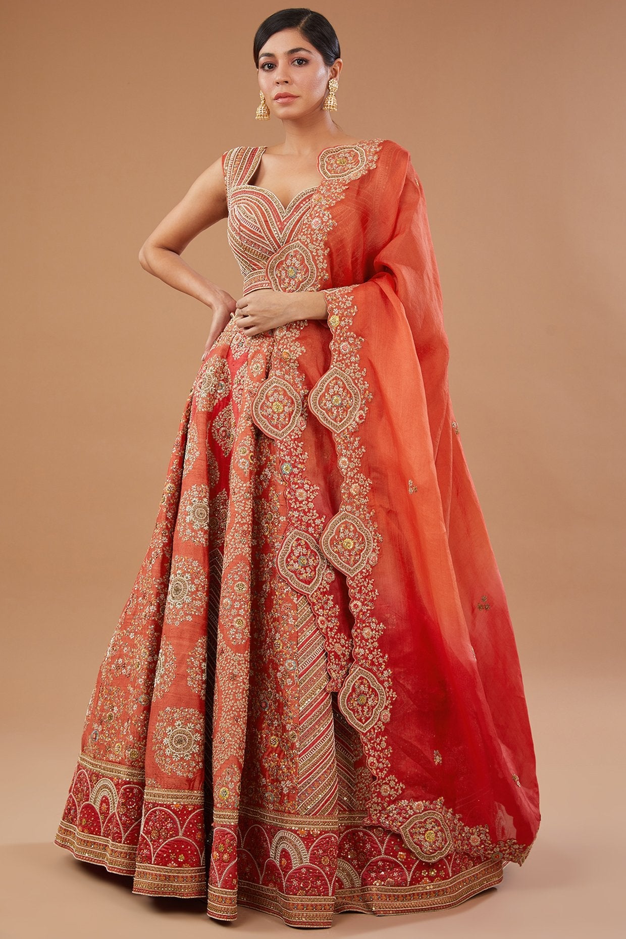 Red Dupion Dori & Aari Embroidered Lehenga Set